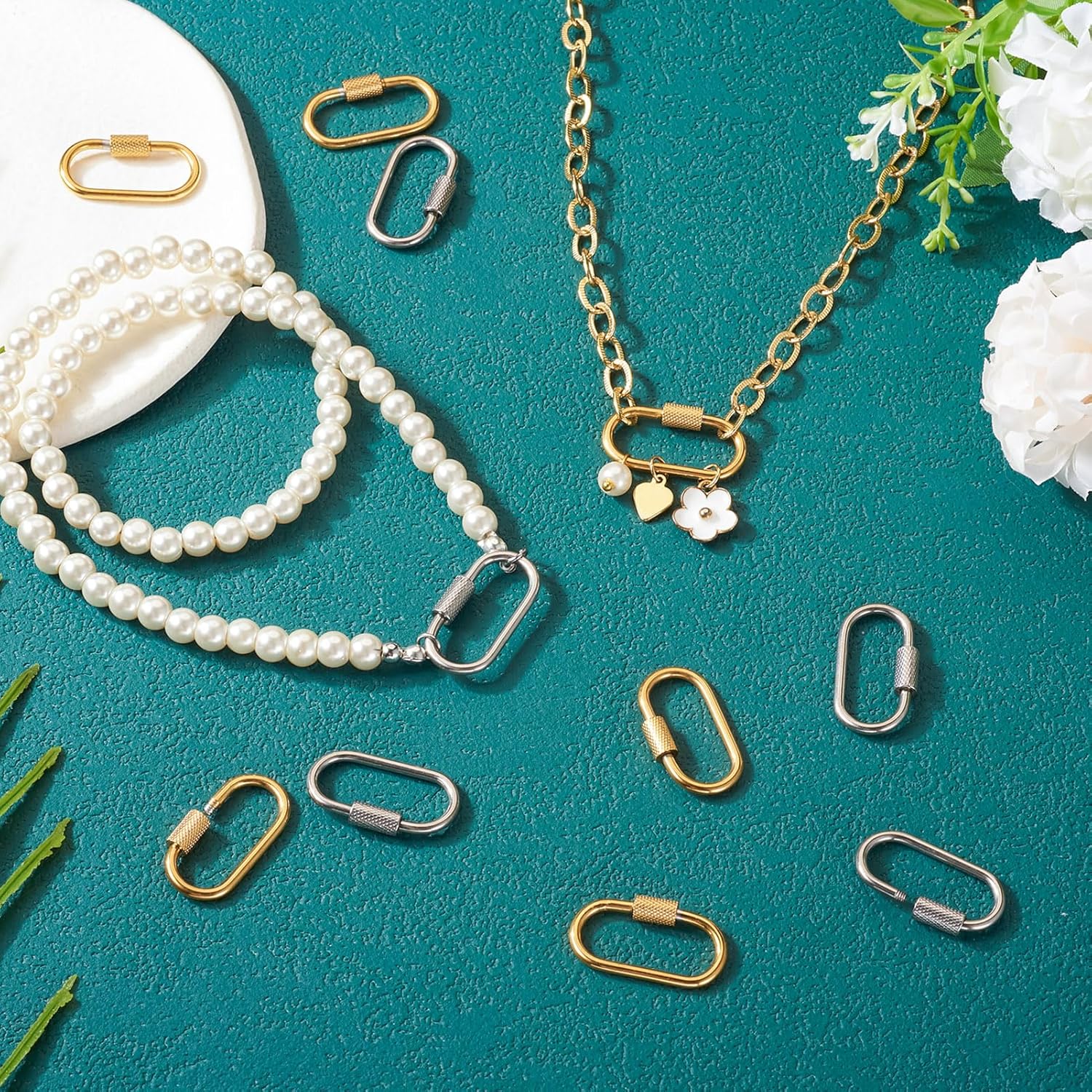 Pandahall 10Pcs Stainless Steel Screw Carabiner Lock Charms 2 Colors Oval Jewelry Carabiner Necklace Clasps for DIY Keychain Jewelry Making, 26x14x4mm - Image 2