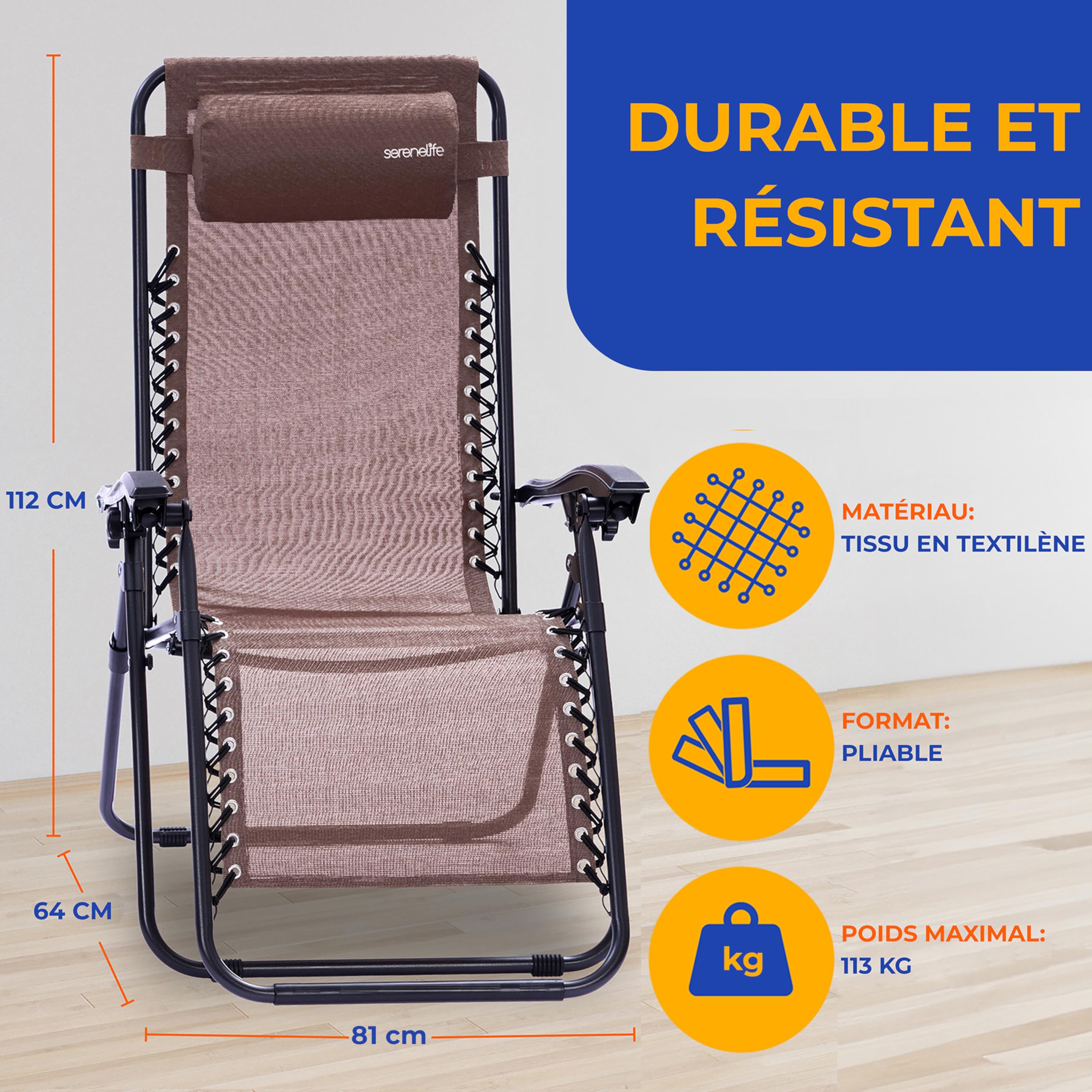 SereneLife Set de 2 Chaises Pliantes - Chaise Longue Réglable pour Extérieur avec Table Latérale, Porte-Gobelets, Oreillers Amovibles - Patio, Jardin, Plage - Marron