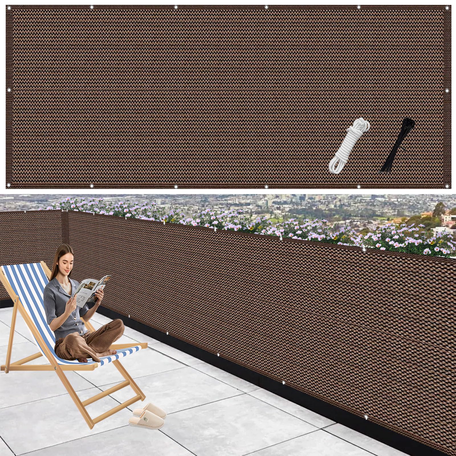 Brise vue HDPE 75x740 cm marron respirant pour occultation de balcon