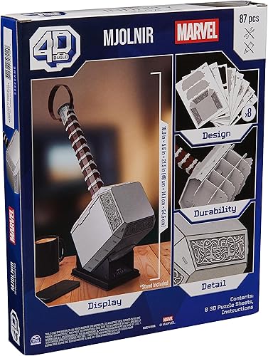 Miniatura 9 de 4D Build, Marvel Mjolnir Thor Hammer Kit de modelo de rompecabezas 3D con soporte de 87 piezas Decoración de escritorio Thor Juguetes de