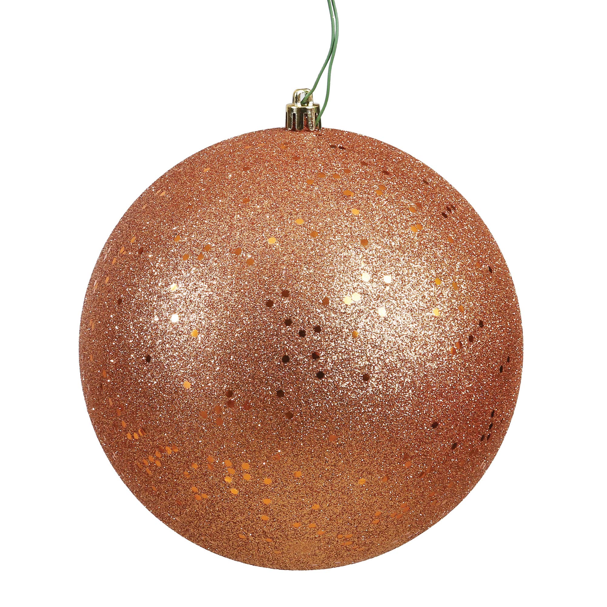 Vickerman N591558DQ Sequin Ball Ornaments with Shatterproof UV Resistant, Pre-drilled Cap Secured & Green Floral Wire in 4 per Bag, 6", Rose Gold
