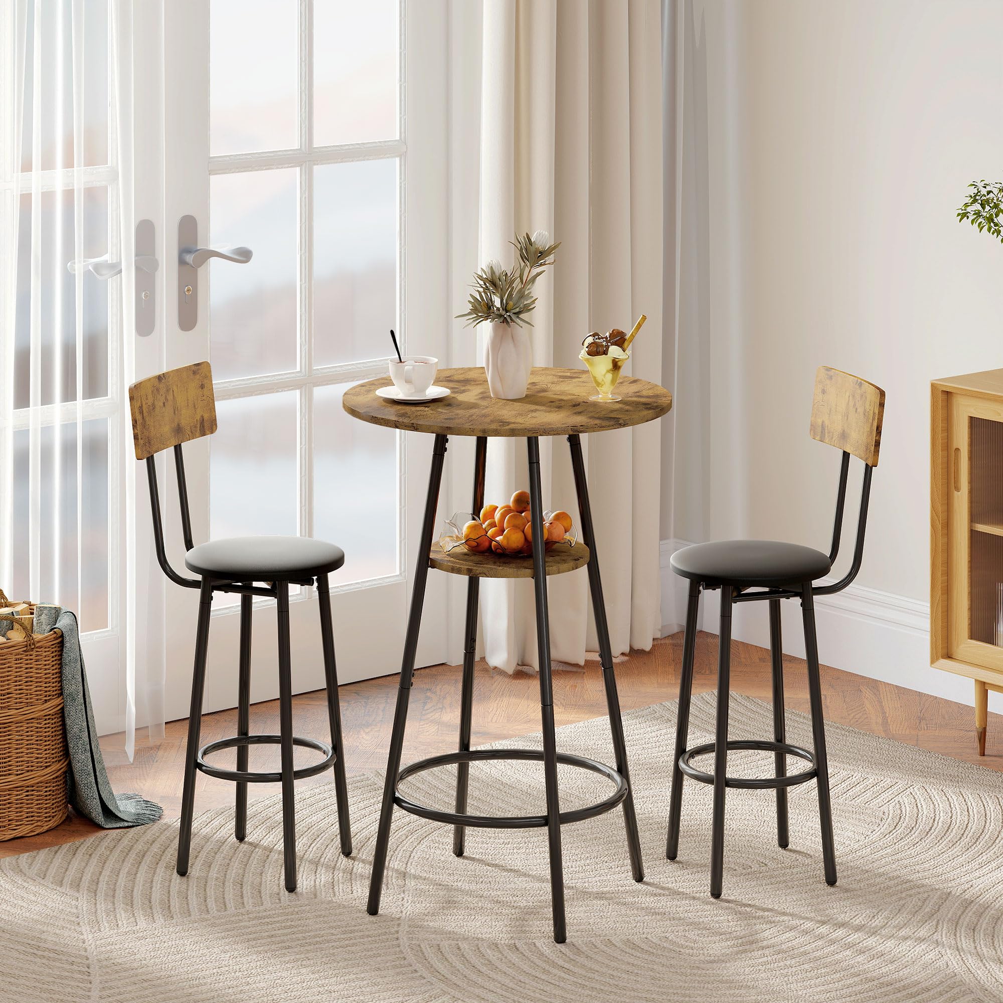 HOMCOM Bartisch mit Barhocker-Set Esstisch mit 2 Gepolsterten Stühlen mit Fußstütze, Metallrahmen, Industrial Bartisch Set Küchetisch mit Ablage für Esszimmer, Kleine Raum, Rustikal-Braun