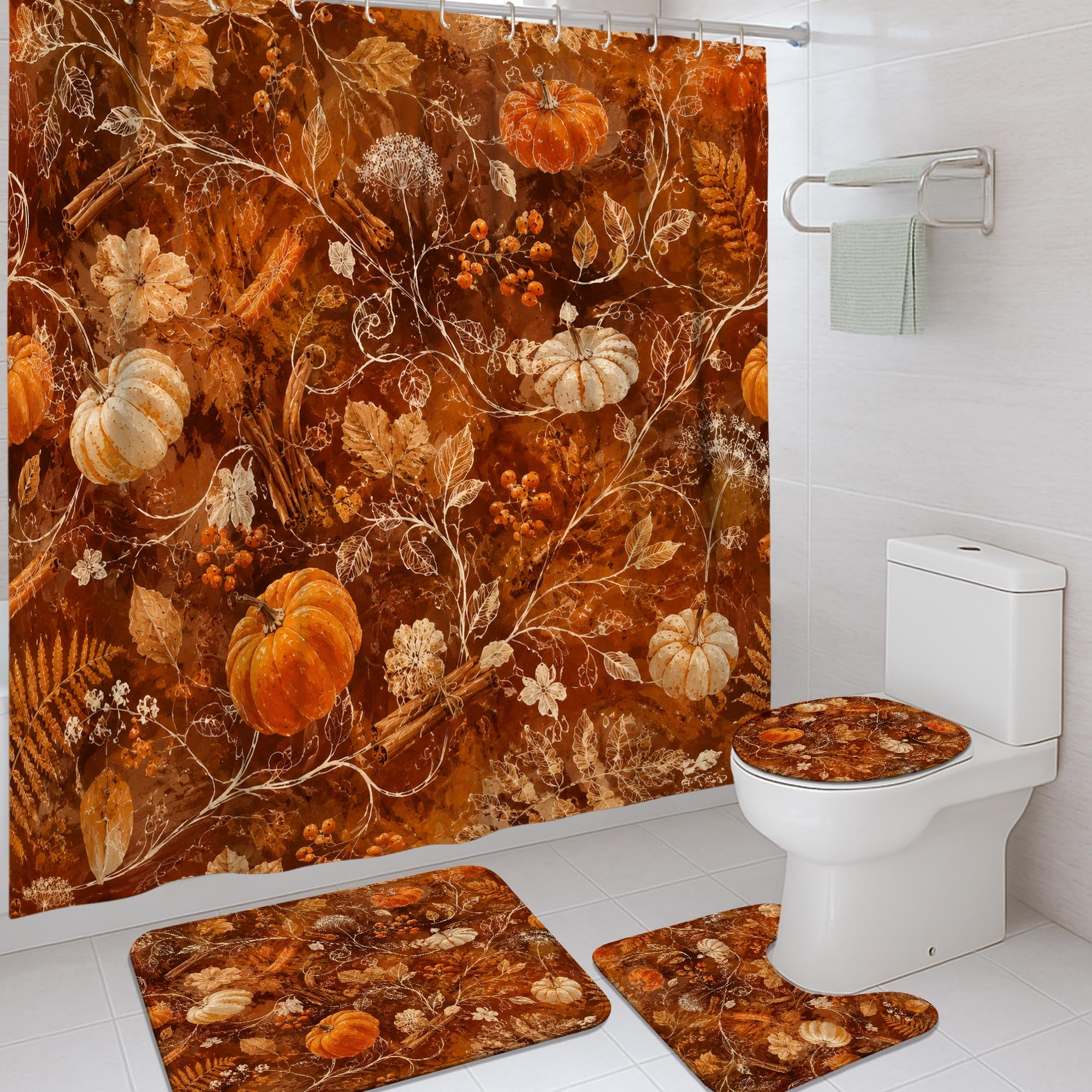 Rideau de douche en toile d'automne chic avec motif rustique de citrouilles