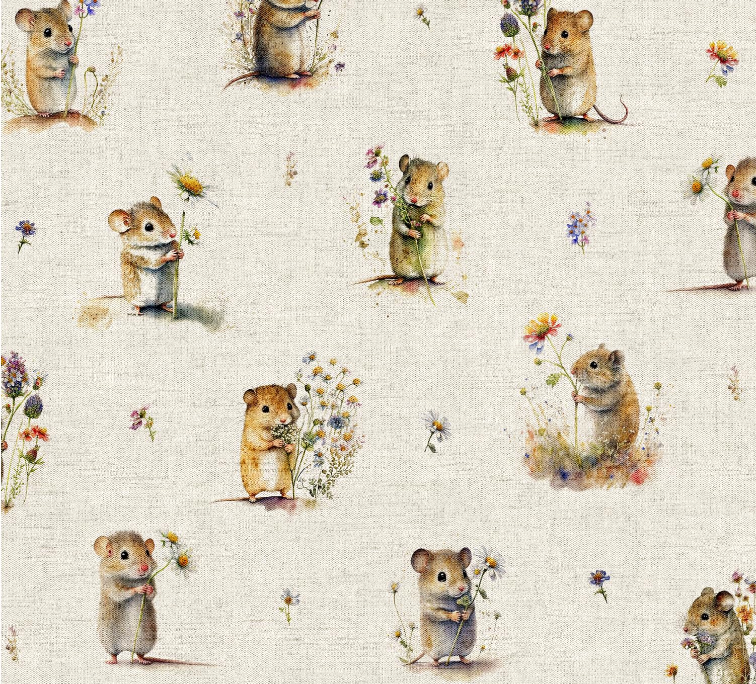 Cotton Rich Linen Look Upholstery Fabric 'Field Mice' Digital Print - Per Metre - 140 cm Wide
