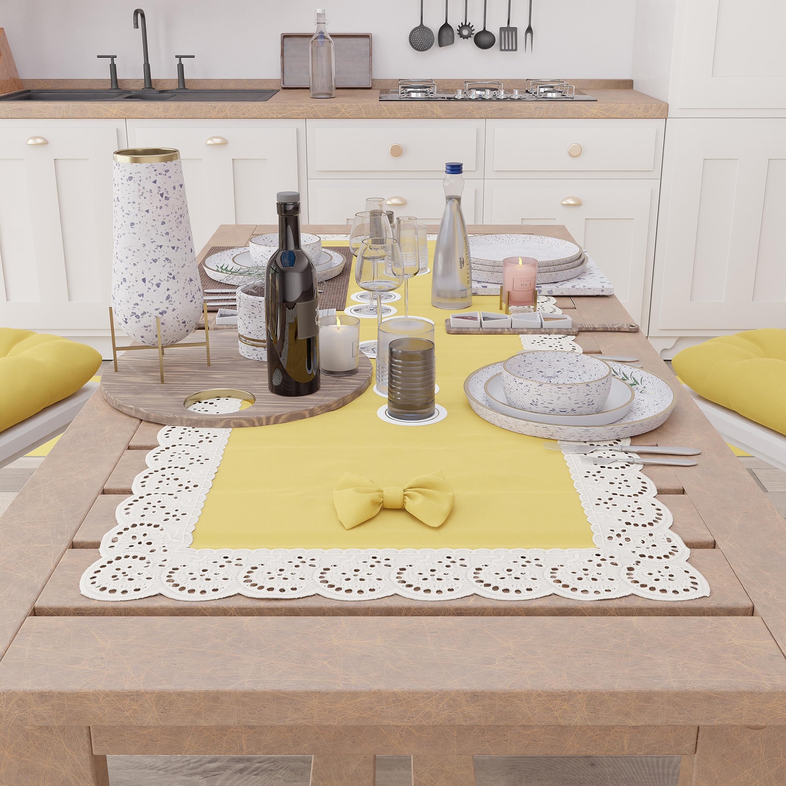 PETTI Artigiani Italiani - Runner Tavola Elegante di Cotone, per Tavolo Cucina, Soggiorno, Sala da Pranzo, Tovaglie in Tinta Unita con Balza in Pizzo Sangallo e Fiocchi 40x140 cm, Aqua