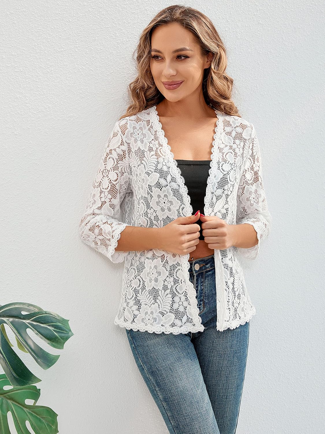 BENANCY Women's 3/4 Sleeve Bolero Shrugs Crochet Lace Open Cardigan - Image 5