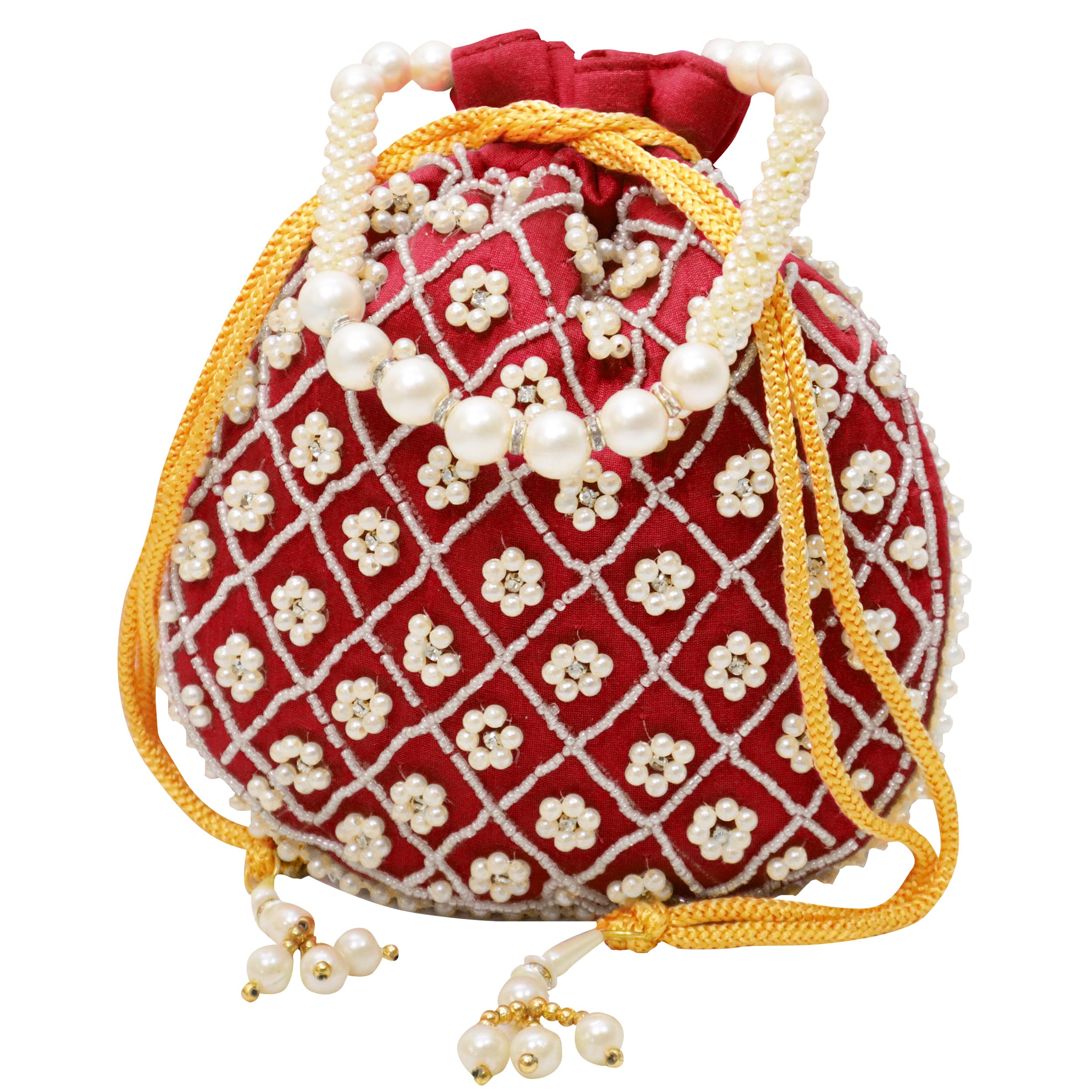 Trendifly Embroidered Pearl Handle Potli Indian Women Handmade Handbag Potli Bag for Wedding Evening Parties for Bridal Wristlets Clutch Bag Wallet