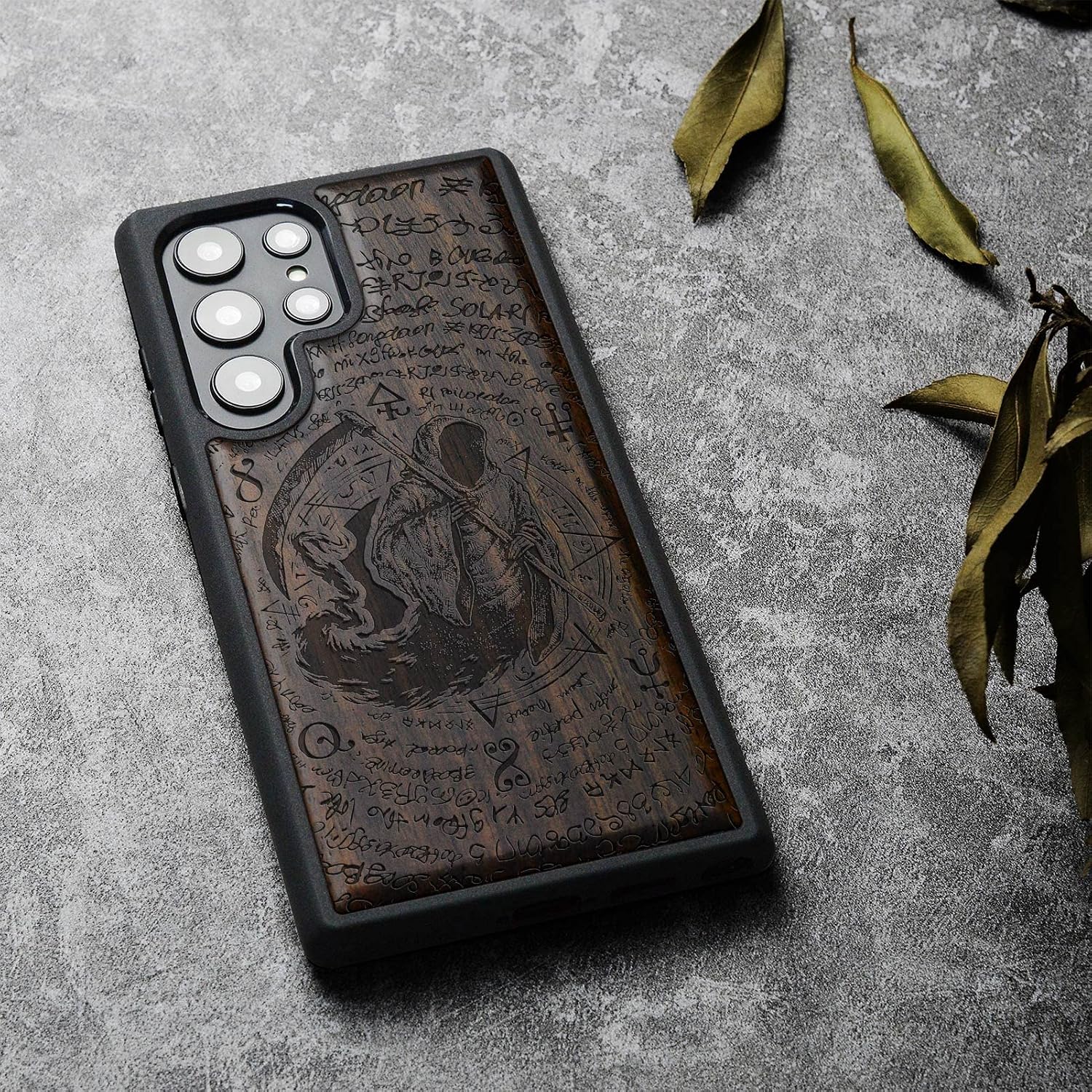 Carveit Wood Case for Galaxy S23 Ultra Case [Natural Wood & Black Soft TPU] Shockproof Protective Cover Unique Wooden Design Compatible with Samsung S23 Ultra (The Grim Reaper of Carved-Blackwood)
