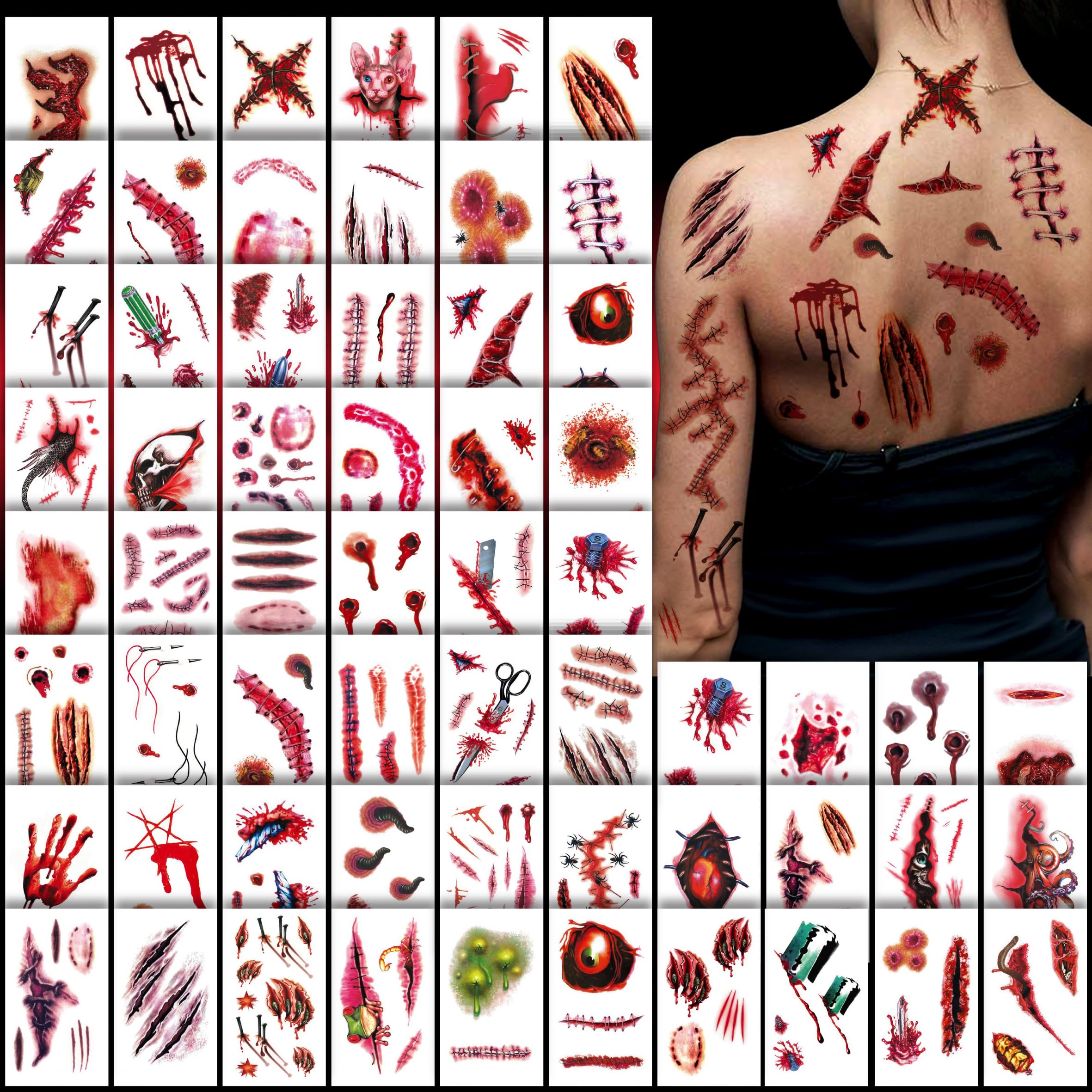 60 Sheet Halloween Zombie Scars Tattoo Stickers - Fake Scab Blood Special Fx Costume Makeup Props for Masquerade Party Prank Decorations