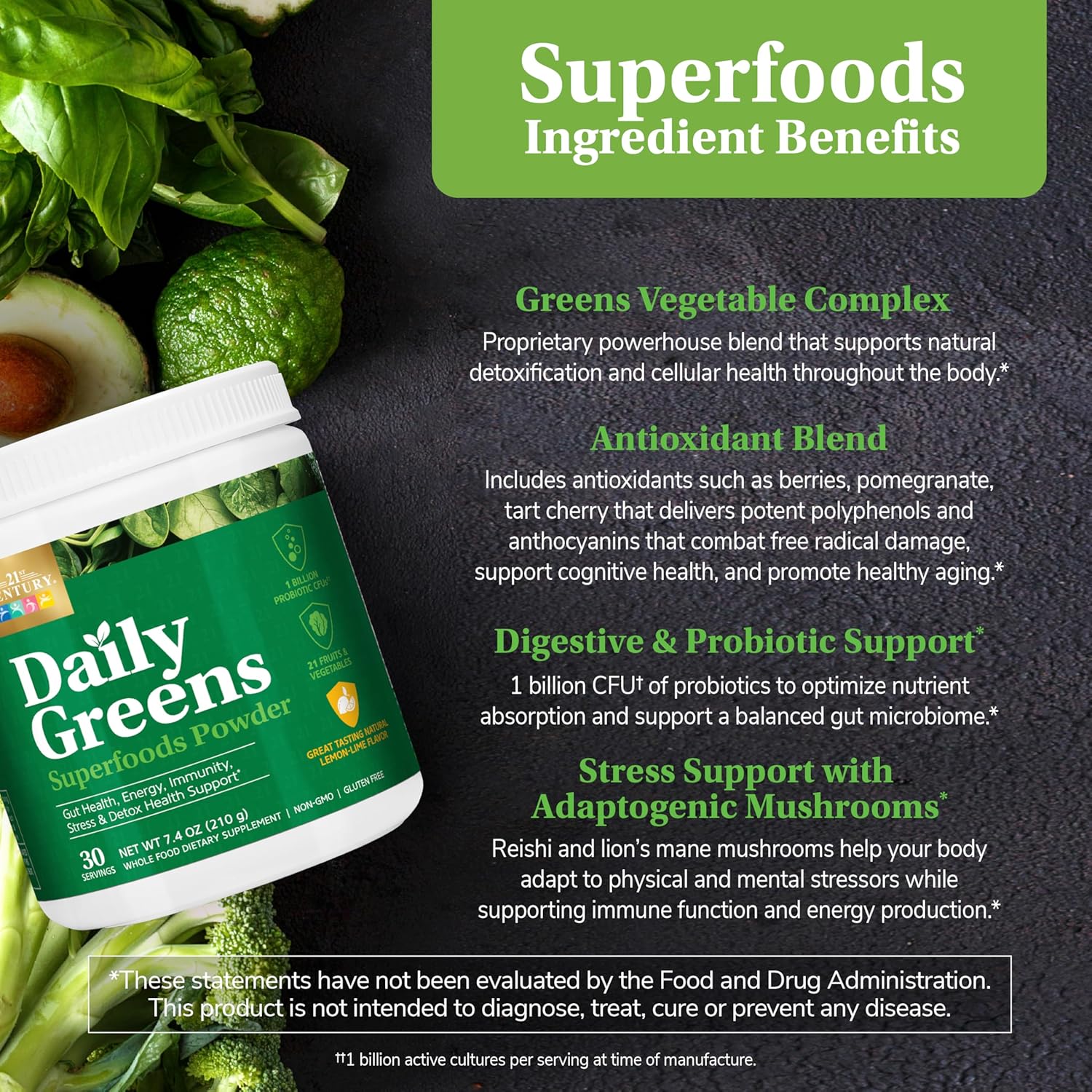 21st Century Daily Greens Superfoods Powder, (30 Serving), Packed with Greens, Fruits, Vegetables, Probiotics & Botanicals, for Gut Health, Detox, Immune, & Energy Support, Natural Lemon-Lime Flavor
