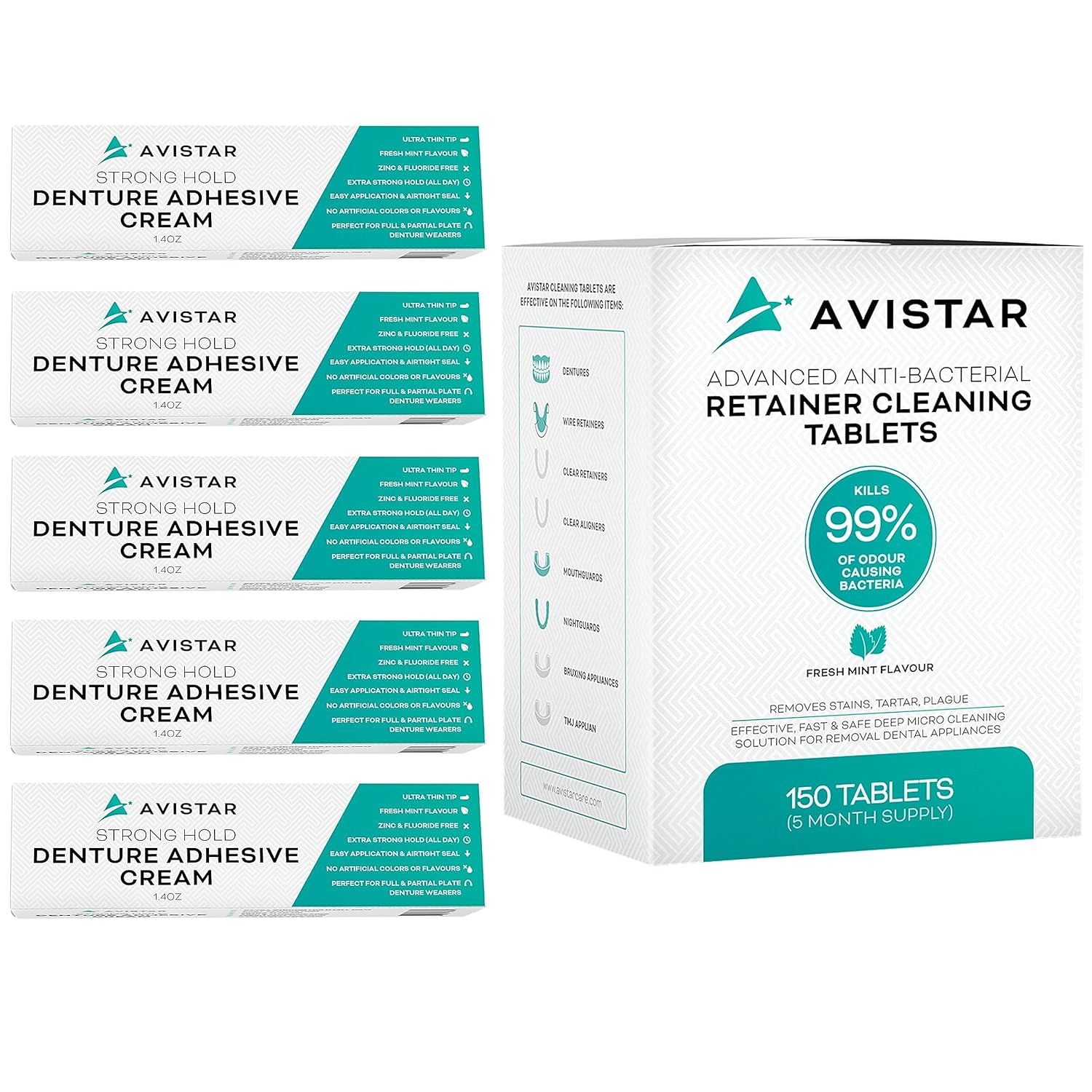Avistar Extra Strong Denture Adhesive Cream (5 Pack, 7 Fl Oz) and Retainer Cleaning Tablets (150 Mint Flavor, 5 Month Supply)