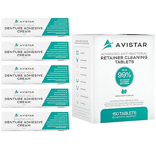 Avistar Crema adhesiva extra fuerte para dentaduras postizas (paquete de 5, 7 onzas líquidas) y pastillas de limpieza retenedoras (sabor a menta