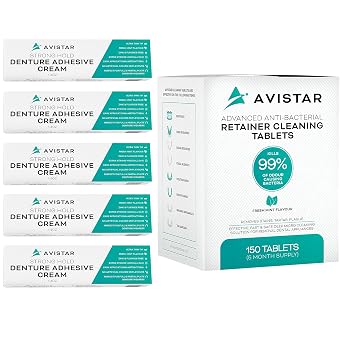 Avistar Extra Strong Denture Adhesive Cream 5 Pack, 7 Fl Oz and Retainer Cleaning Tablets 150 Mint Flavor, 5 Month Supply
