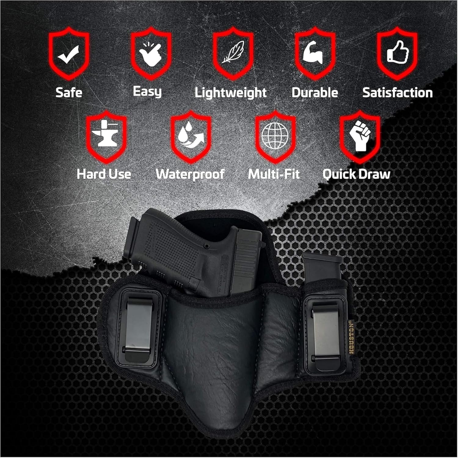 Tactical Pancake Gun Holster Houston - ECO Leather Concealed Carry Soft Material - Suede Interior for Protection - IWB - with Magazine Pouch - Fit: Glock 19 17 20 21 22 23 | Beretta 92 FS, PX4, XDM