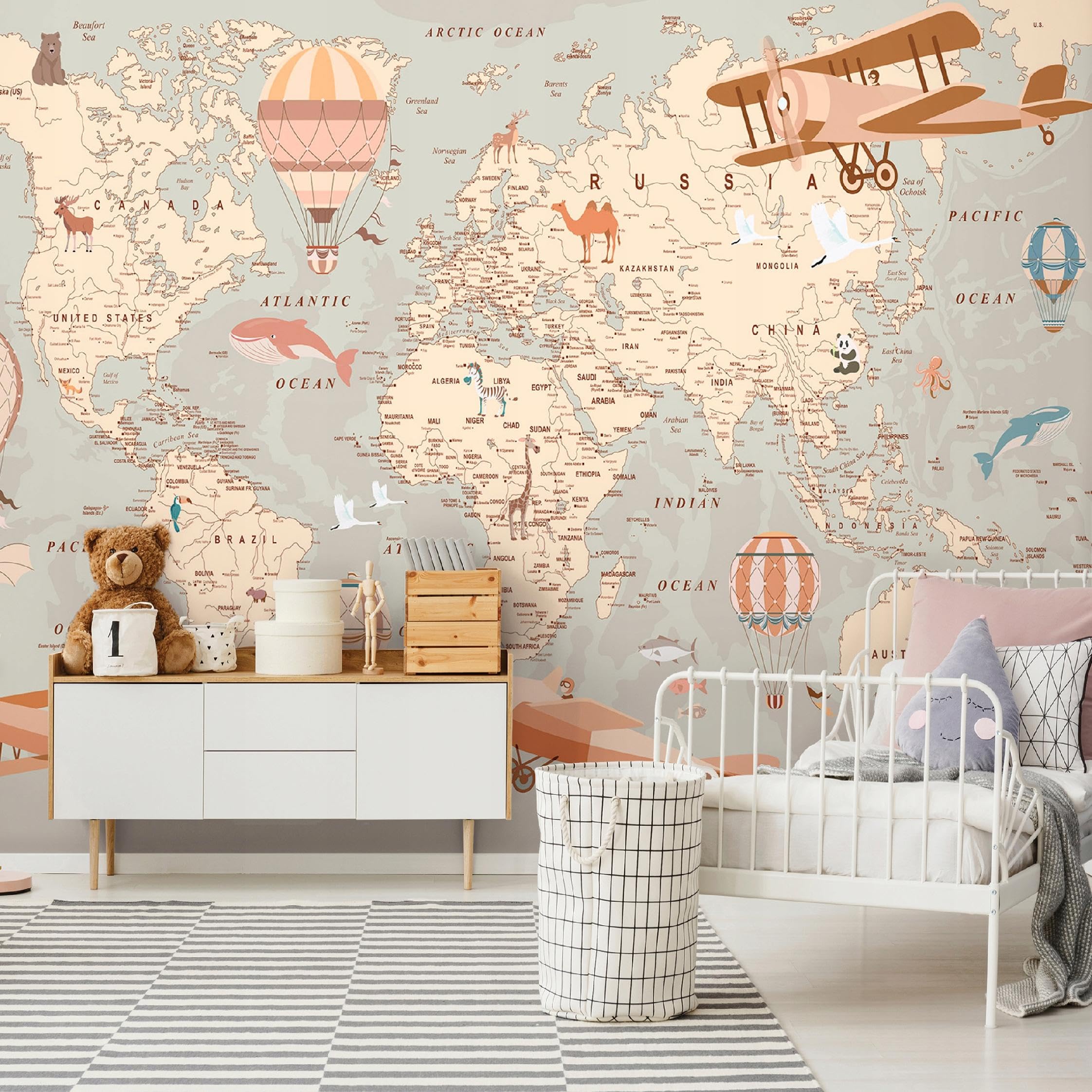 WallArena - Papier peint panoramique intissé für Mädchen und Jungen Carte du monde 350x250 cm - Papier peint photo non tissé - Pour salon et chambre à coucher - Effet 3D - Vintage du monde