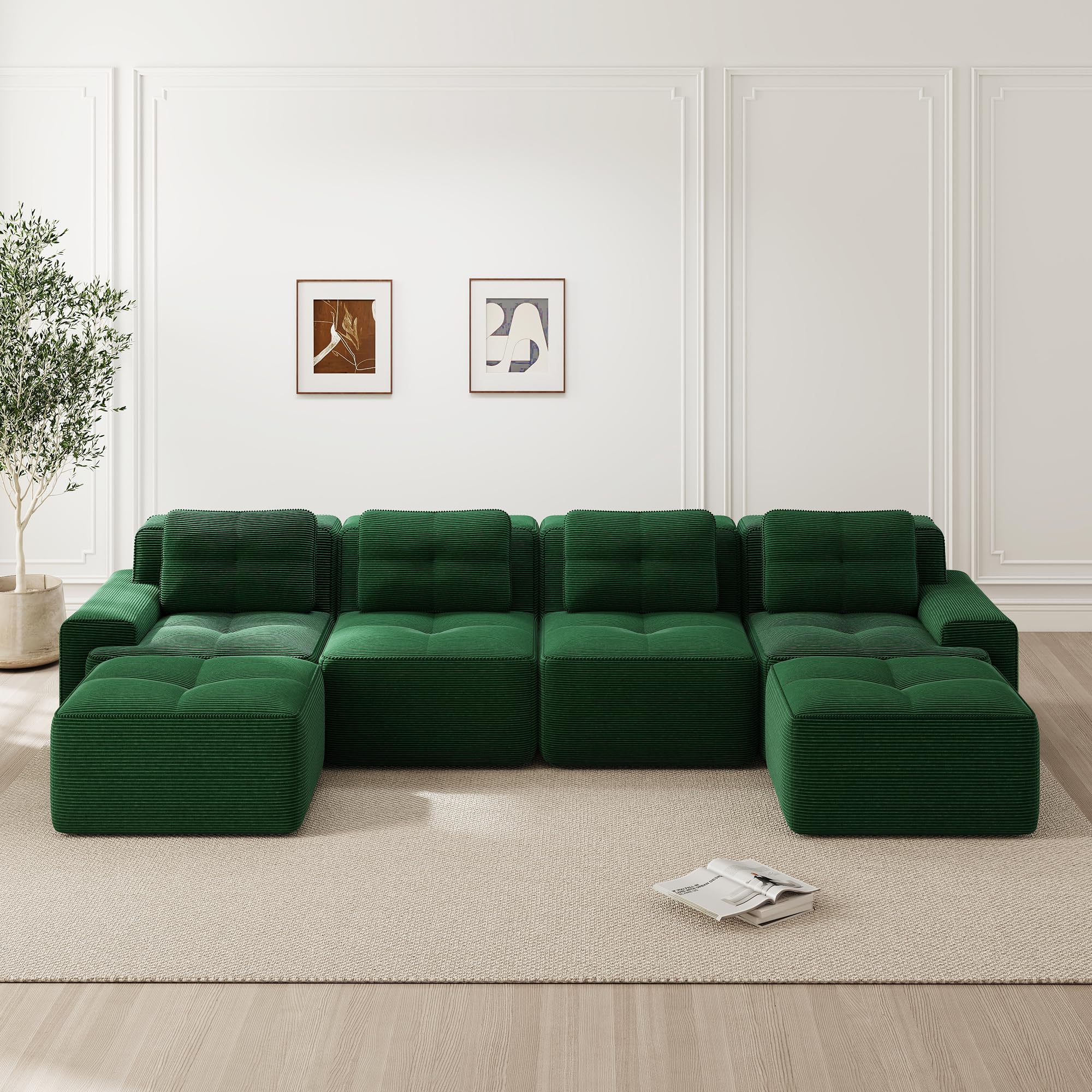 Divano Modulare Boneless per Soggiorno, Divano 4 Posti in Velluto a Coste con 2 pouf, antiscivolo divano a U Nuvola con Braccioli larghi, Senza Montaggio(Verde)