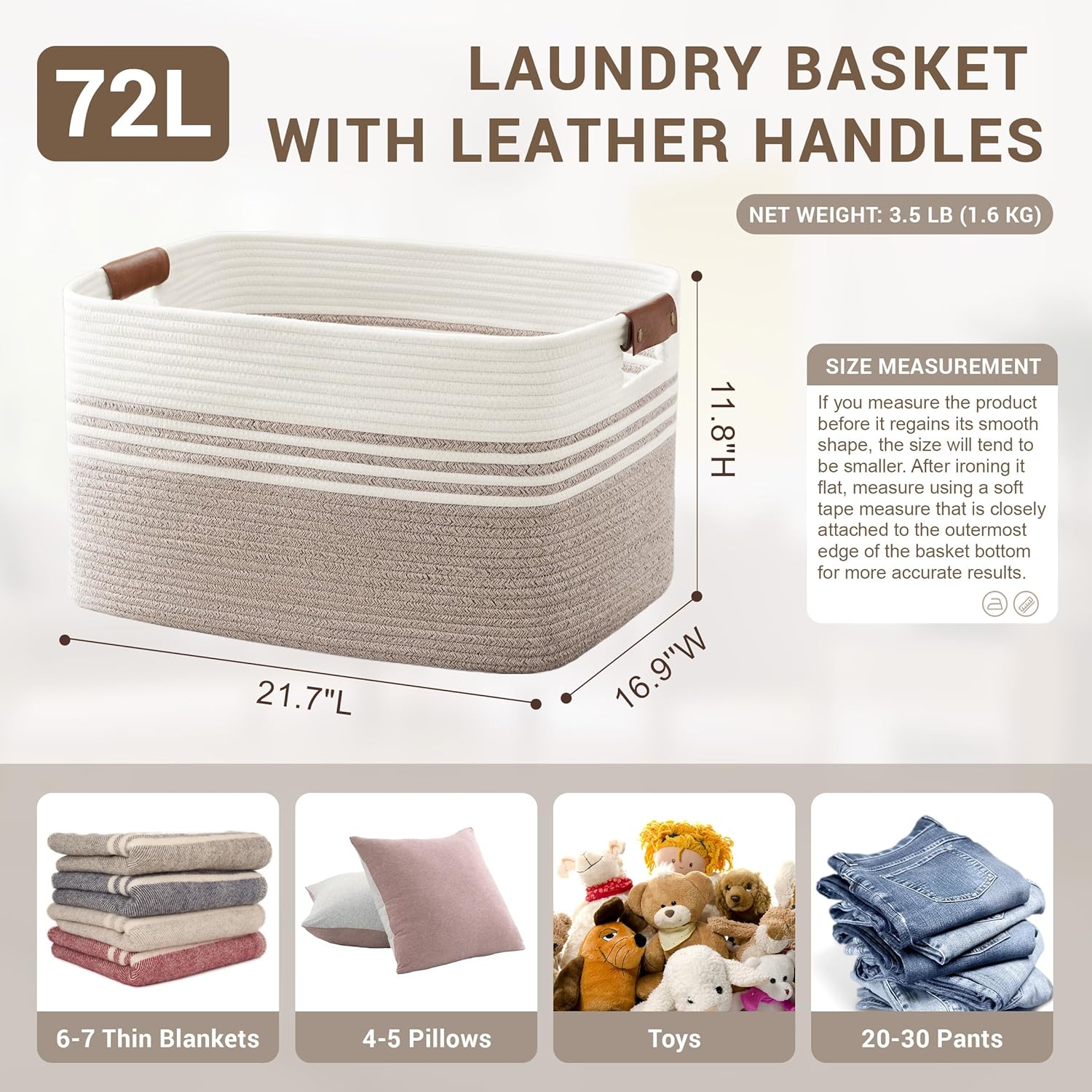 72L Large Laundry Basket with Leather Handles for Living Room Storage, Woven Rope Baskets Bin for Blanket, Kids Toy, Gifts, Wicker Hamper for Bedroom Dirty Clothes, 22"x17"x12" White Brown - Image 2