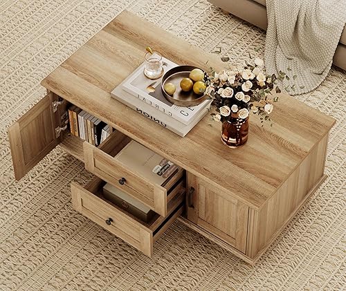 Miniatura 4 de WAMPAT - Mesa de café de granja con gabinete de almacenamiento, mesas de café de madera para la sala de estar, mesa de té rústica rectangular de