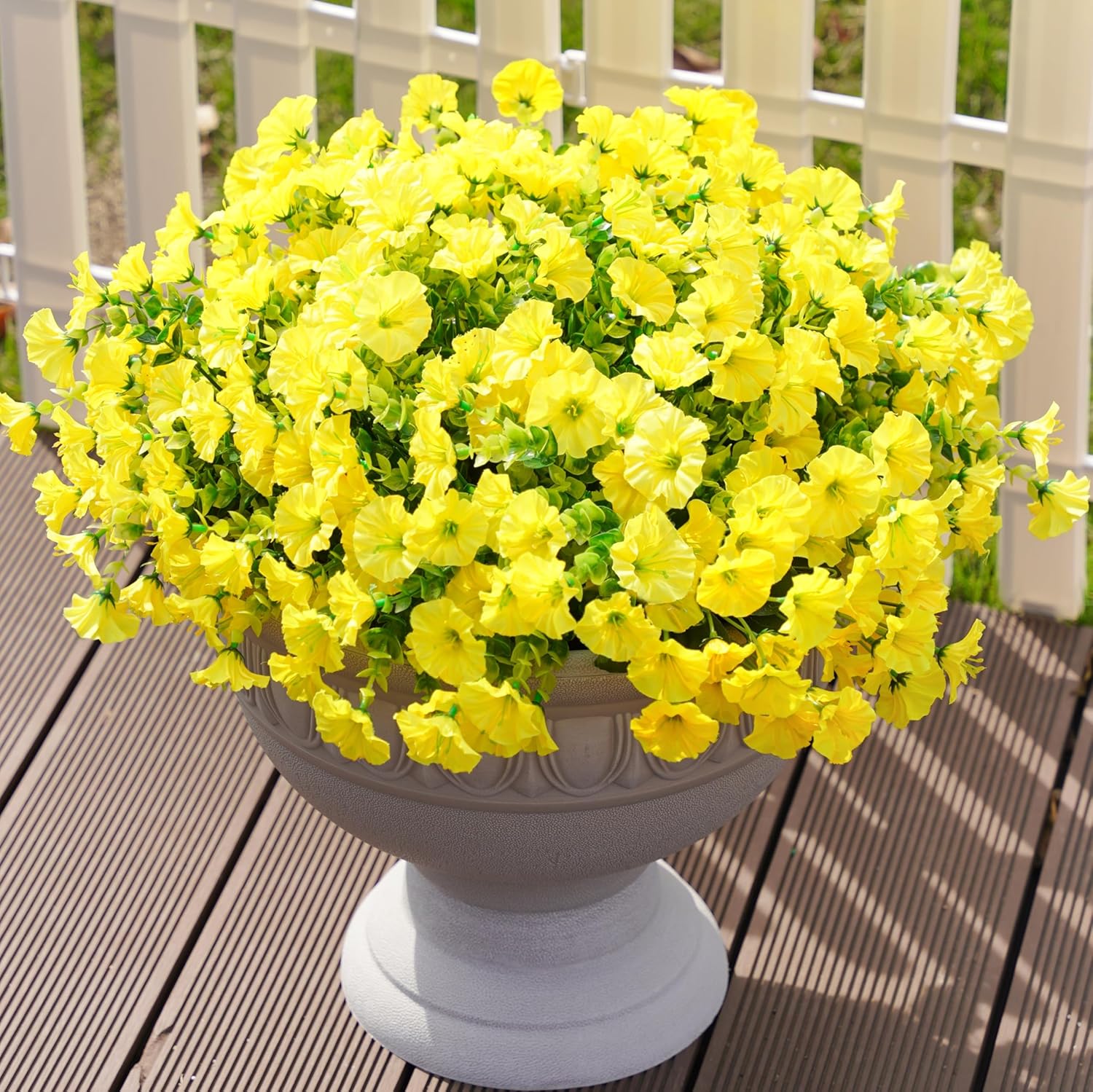 Artificial Flowers Fake Plants for Outdoors Decoration, 12 Bundles Yellow Silk Morning Glory with Eucalyptus Realistic UV Resistant Faux Flowers for Outside Planter Porch Yard Patio Garden Home Indoor - Image 8