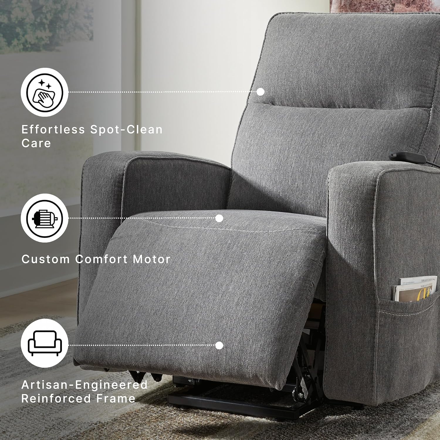 Signature Design by Ashley Power Lift Recliner Chair, Gray, Starganza | Stain-resistant Next-Gen Nuvella fabric, Built-in heat & massage, Space-saving 16 in wall distance, 250-lb capacity