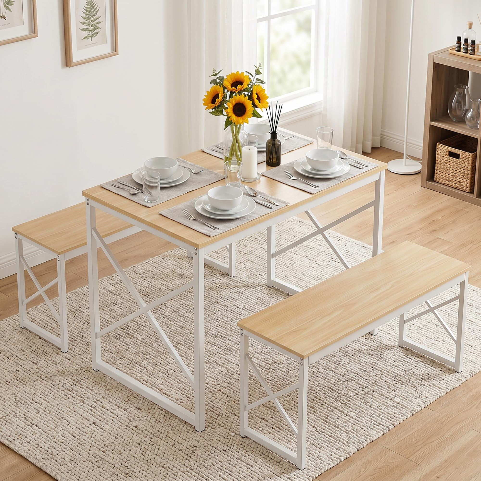 Space-Saving Dining Set for 4 with Benches