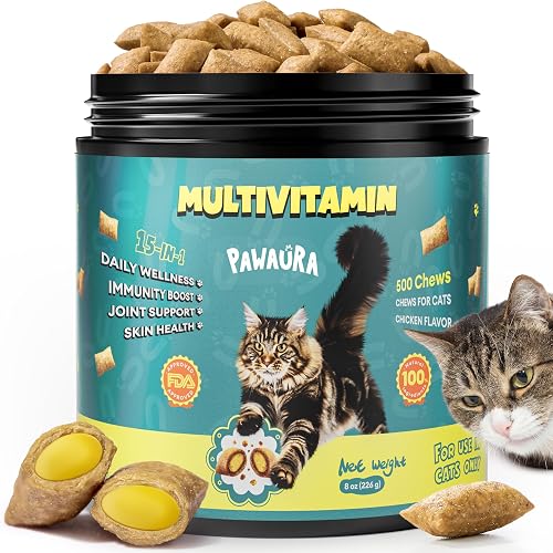 Cat Multivitamin Treats with Taurine – Crunchy & Creamy Cat Vitamin Chews for Immune, Joint, Digestion, Skin & Coat Support – Daily Healthy Supplement for Cats of All Ages 8oz