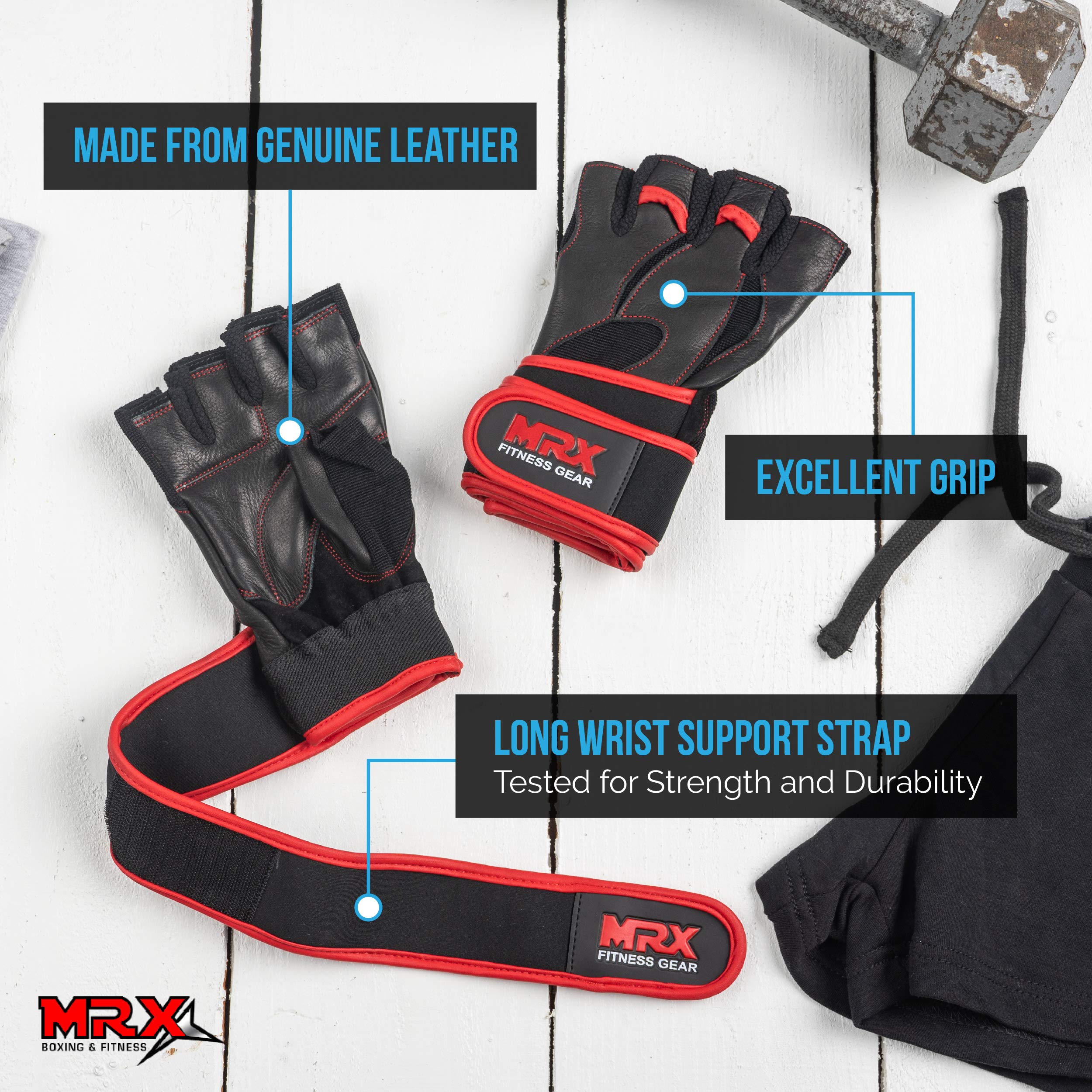 MRX Skórzane rękawice do podnoszenia ciężarów, siłownia, trening crossowy, podnoszenie siły, fitness, ćwiczenia, kulturystyka, rękawice treningowe z długim paskiem na naparstki, rozmiar M
