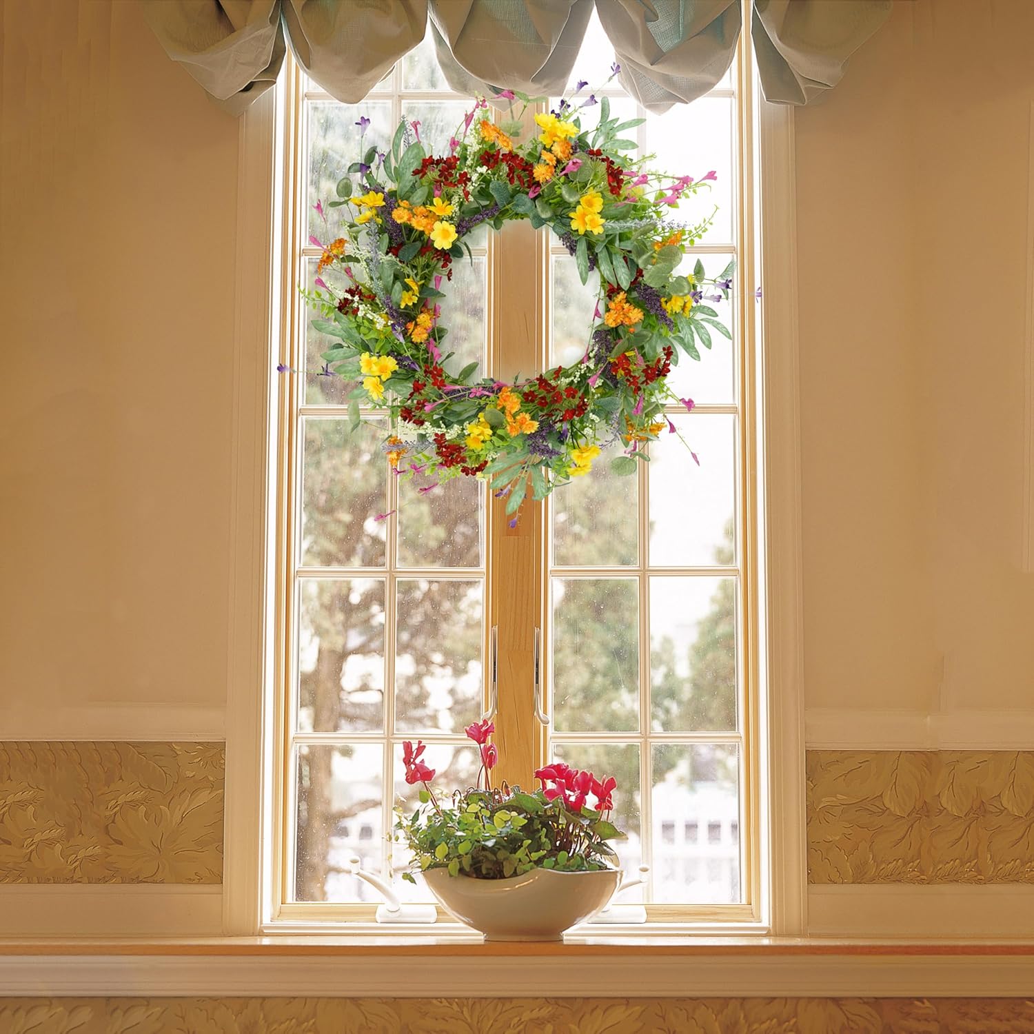 Artificial Spring Summer Wreath for Front Door Yellow Daisy Wreath with Olive Leaf,Eucalyptus Leaves for Front Door Indoor Outdoor Wall Porch Farmhouse Home Decor