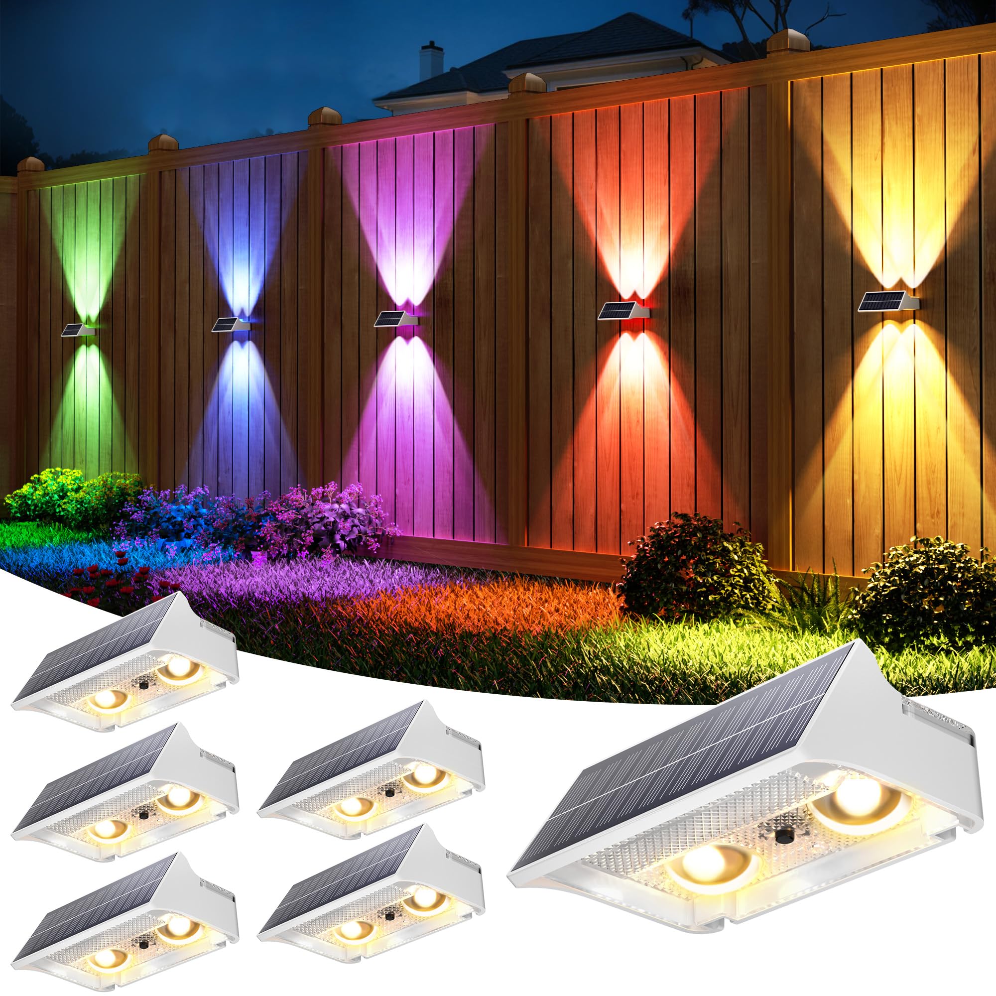 VOLISUN Solar Fence Lights Outdoor Garden 6 Pack, 9 Color Modes RGB Solar Garden Lights Waterproof IP65, Bright Fence Solar Lights for Outside Deck Patio Gate Yard Pathway Decoration(White)
