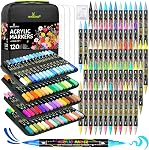 120 Colors Acrylic Paint Markers, Permanent Dual-Tip Acrylic Markers Set, Soft Brush Tip Paint Pens for Rock Painting, Canvas, Glass, Wood, Ceramic, DIY Craft Art Supplies, Set of 60 (120 COLORS)