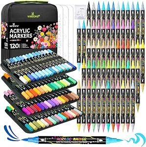 120 Colors Acrylic Paint Markers, Permanent Dual-Tip Acrylic Markers Set, Soft Brush Tip Paint Pens for Rock Painting, Canvas, Glass, Wood, Ceramic, DIY Craft Art Supplies, Set of 60 (120 COLORS)