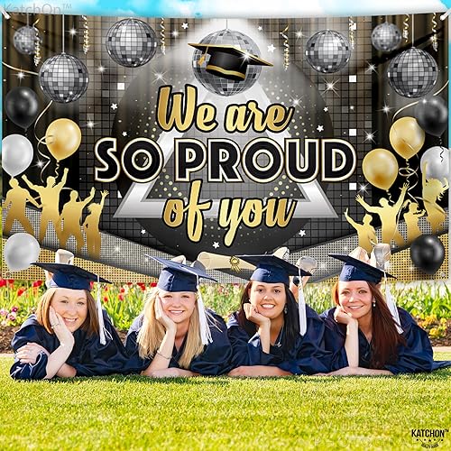 Miniatura 6 de KatchOn, Banner con texto en inglés We Are So Proud of You, grande, 72 x 44 pulgadas, pancarta de felicitaciones de discoteca, decoraciones de