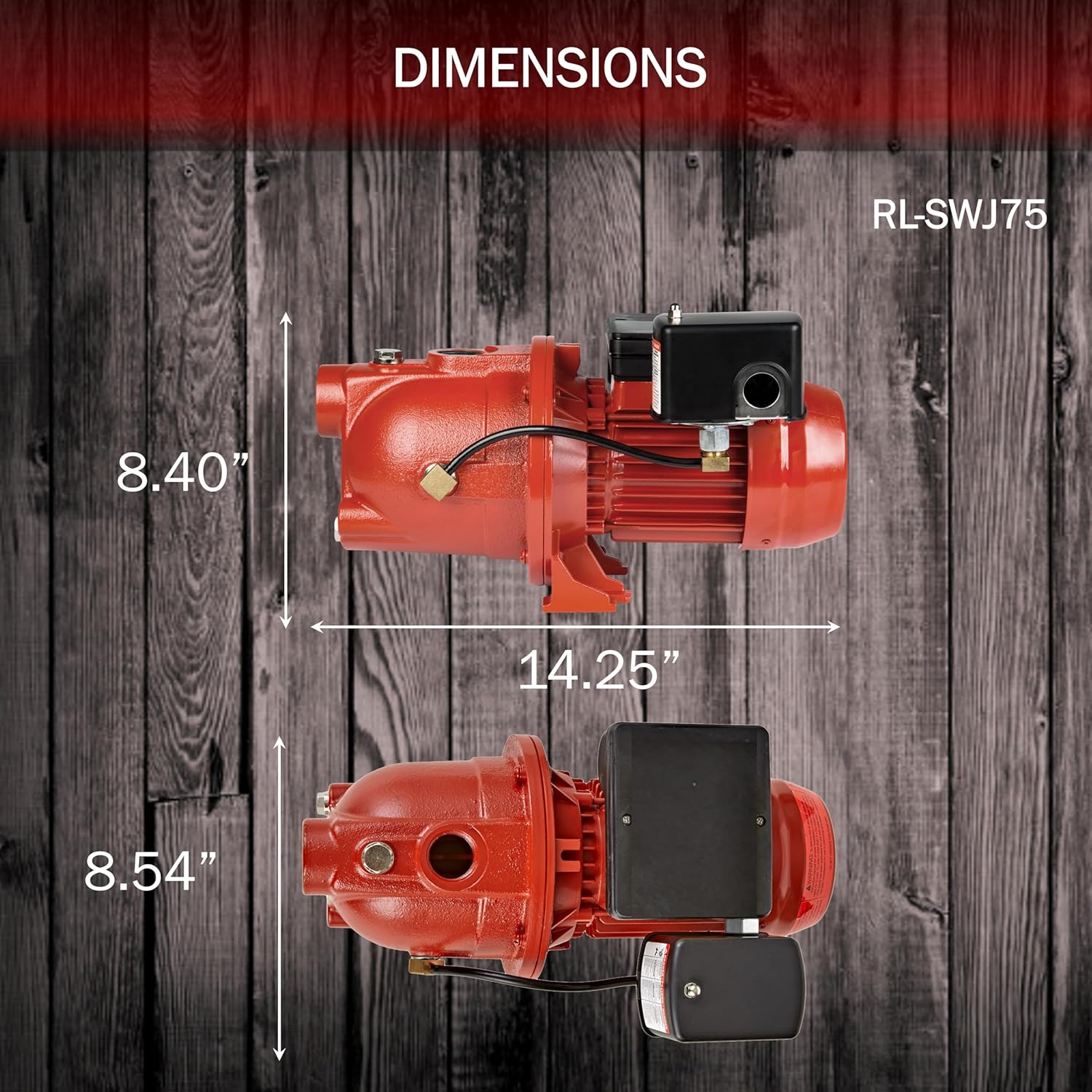 Bundle of Red Lion RL-SWJ75 3/42 HP, 13 GPM, 115/230 Volt, Cast Iron Shallow Well Jet Pump, Red, 97080701 and 30-50 PSI M4 Low Pressure Pump Protection Cut-Off Switch, 640134
