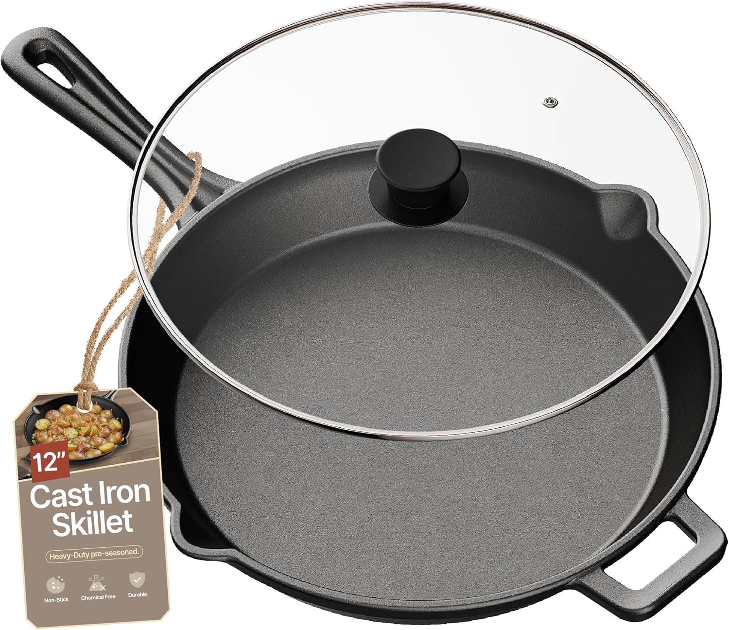 Bakken Pre Seasoned Cast Iron Skillet with Glass Lid & Silicone Handle,12″ Frying Pan for Stove, Oven, Grill & Induction, Even Heat Distribution, Versatile All-Purpose Cookware for Searing & Frying