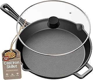 Bakken Pre Seasoned Cast Iron Skillet with Glass Lid & Silicone Handle,1...