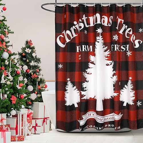 Cortina de ducha con diseño de árboles de Navidad, color negro y rojo, juego de cortinas de ducha de poliéster Wahable con ganchos, 72 x 72 pulgadas