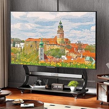 Rolling Easel TV Stand for 50-104 Inch TVs for Living Room, Office | Mobile TV Stand with 2-Tier Wooden Shelves,Height Adjustable Holds up to 220lbs,MAX VESA 900x600mm,Black