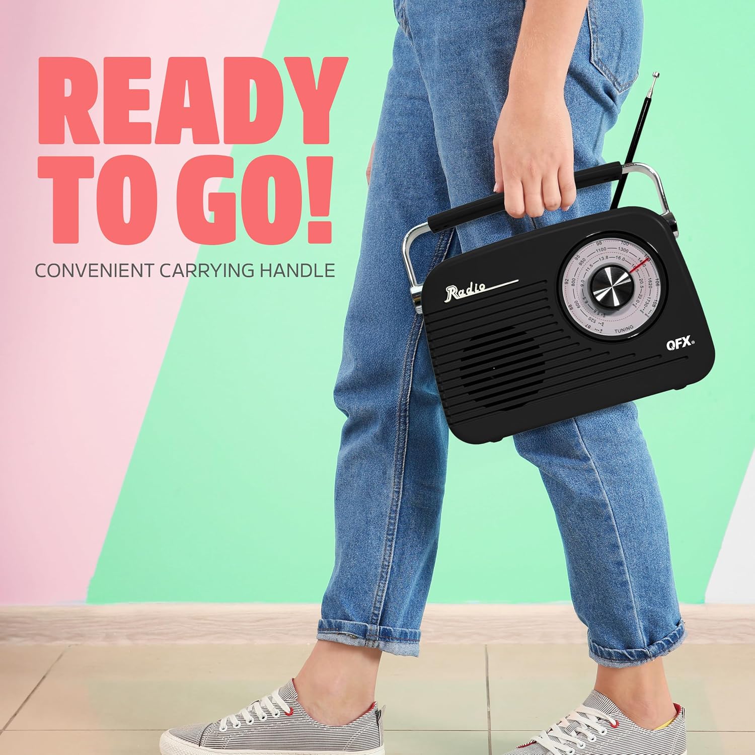 QFX Portable Retro AM FM SW Radio with Bluetooth, Rechargeable Battery, Supplemental Solar Charging, USB TF MP3 Player, Compact Utility Radio, Black - R-58-BLK