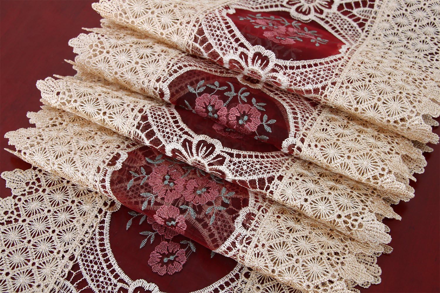 Simhomsen Vintage Gold Burgundy Lace Table Runner and Dresser Scarves Embroidered 13 × 120 Inch