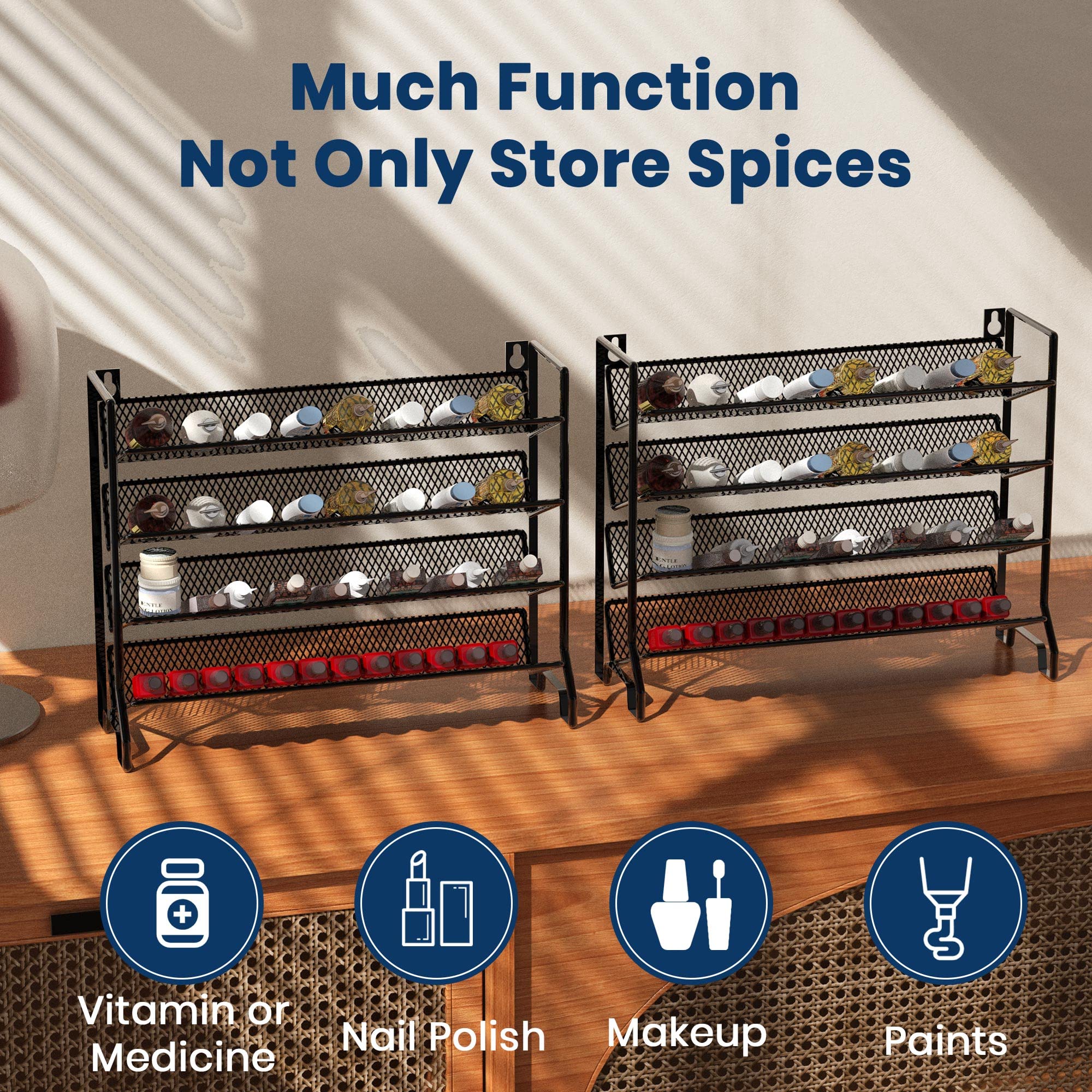 Tocozy Spice Rack, 4 Tier Spice Rack Organizer for Cabinet, Kitchen Countertop, Pantry or Wall Mount, Seasoning Storage for 4 oz Jar, 2 Pack Can Hold 48 Jars, Black