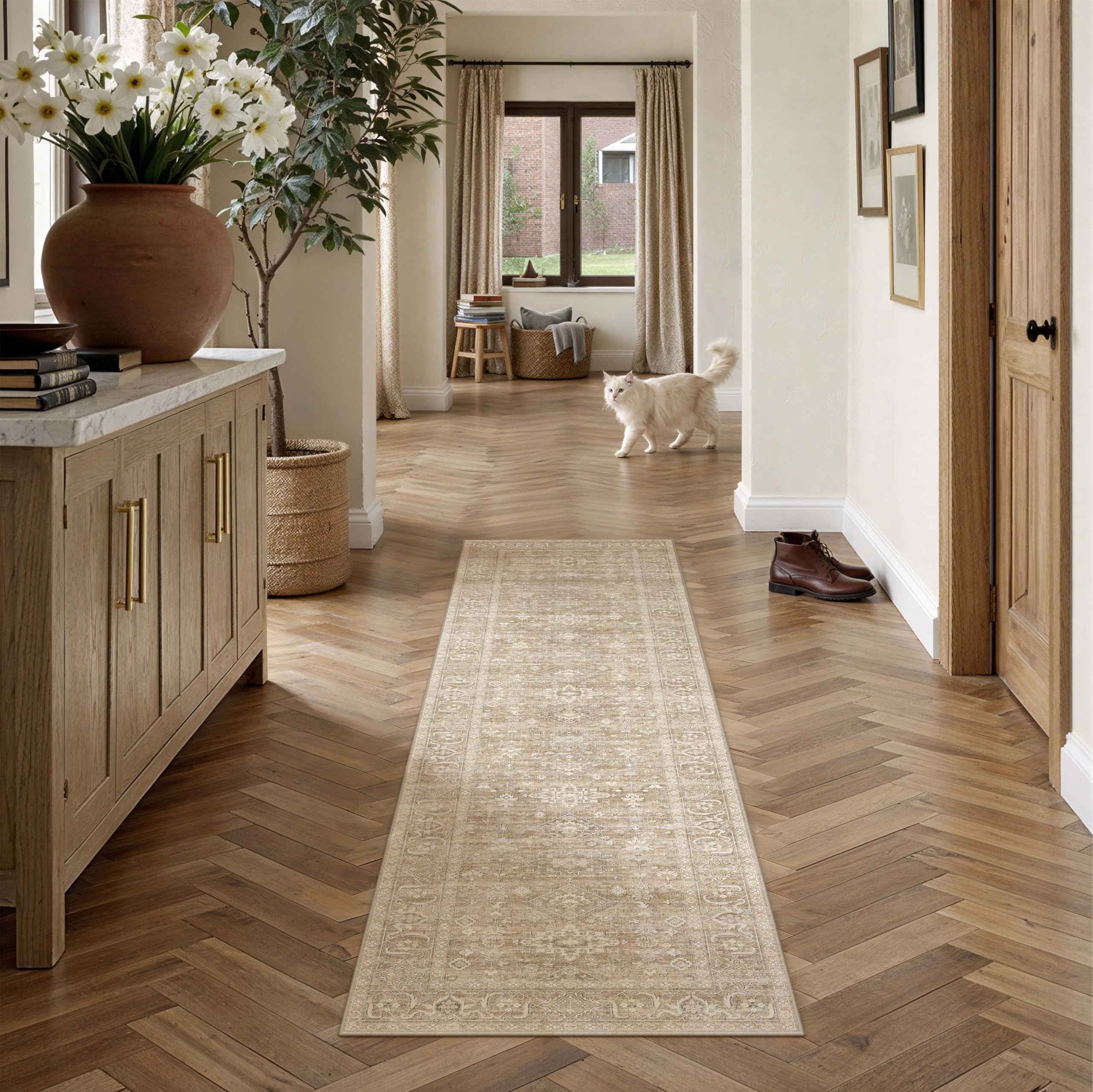 PureCozy Vintage Runner Rug 60 x 180 cm Beige Washable Non Slip Hallway Rugs Area Carpet Bedroom Bedside Dining Room Lounge Office Kitchen Indoor Soft Low Pile Long Carpets