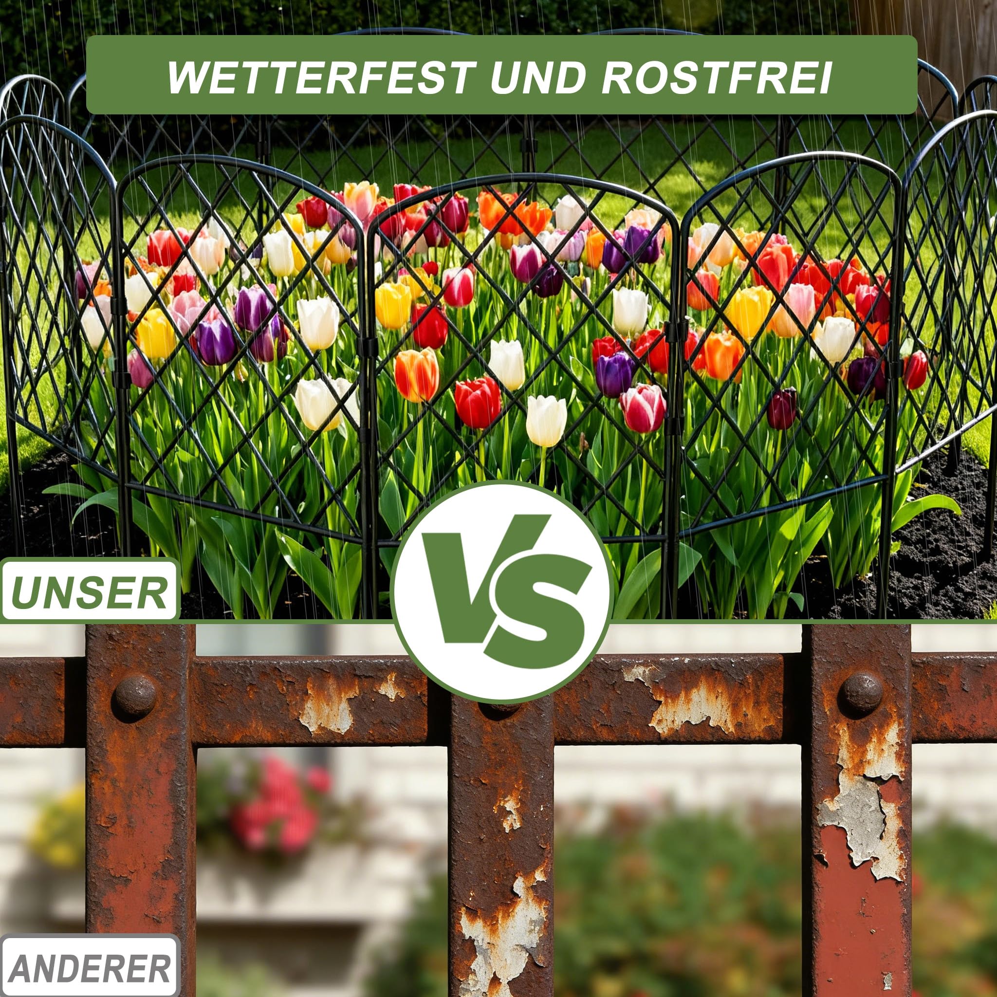 ACXIN 25er Steckzaun aus Metall, Dekorativer Gartenzaun 8m mit Erdnägel Kunststoff-Verbinden, Zaun für Hunde Weidezaun oder Tierbarriere, Teichzaun Beetzaun für Garten und Blumenbeet(Typ A)