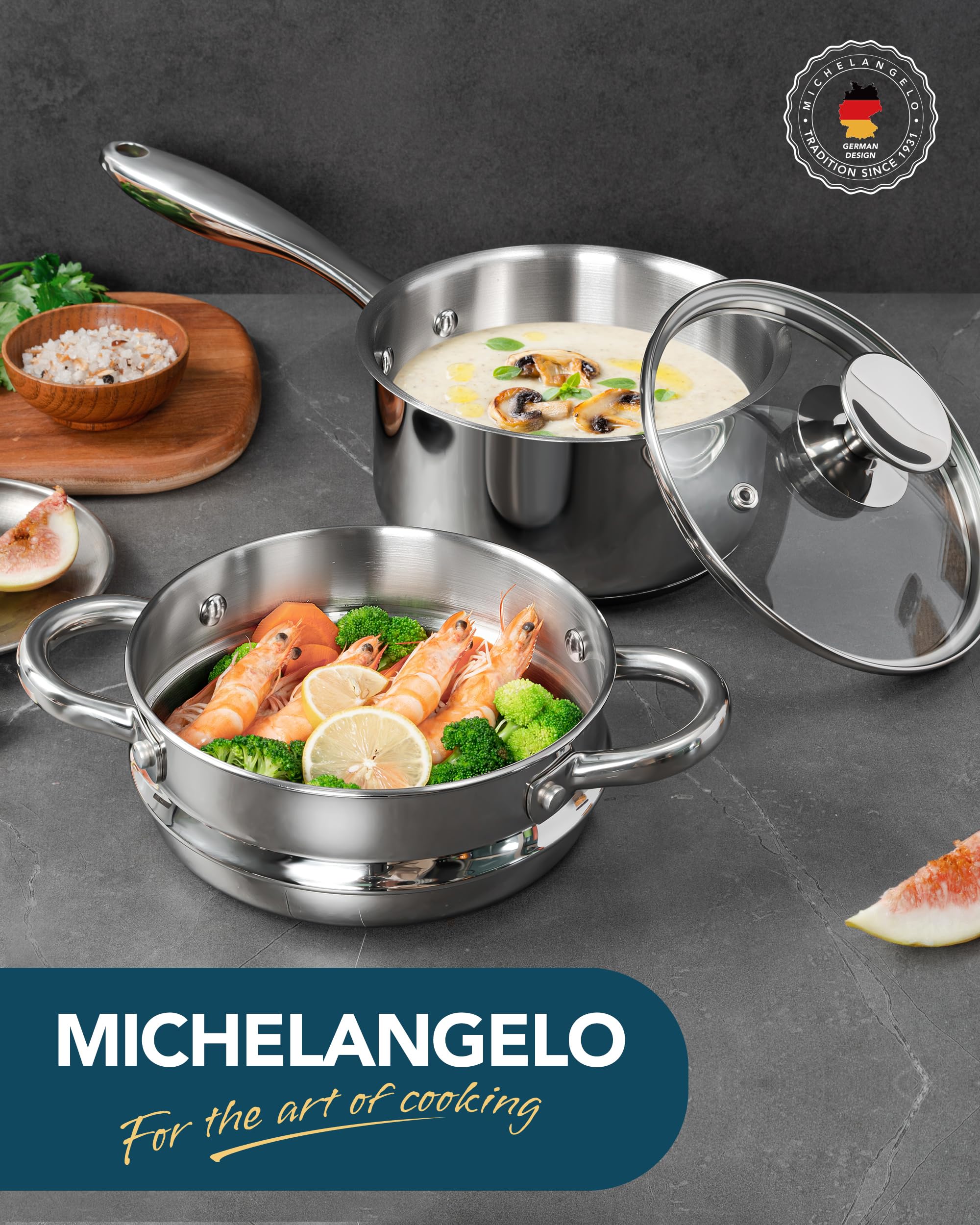 MICHELANGELO Casseruola da 1,5 litri con vapore, casseruola in acciaio inox con coperchio, compatibile con induzione a triplo fondo, pentola multiuso per salse, lavabile in lavastoviglie