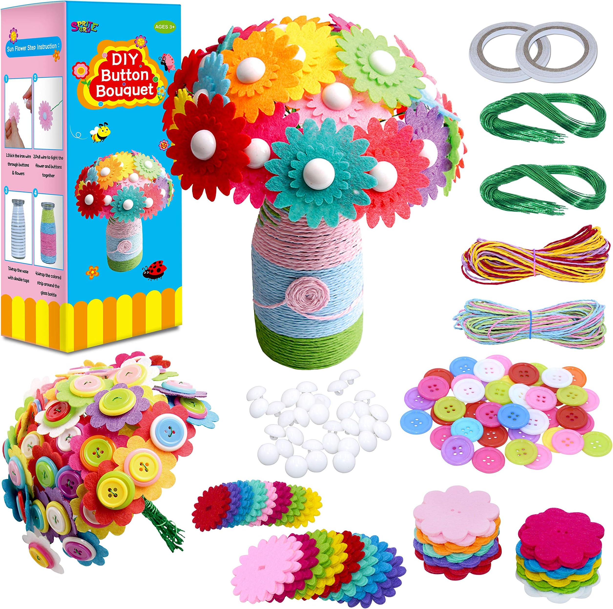 SpriteGruFlower Craft Kit for Kids,Make Your Own Flower Bouquet with Buttons,DIY Activity Gift for Boys & Girls Age 4 5 6 7 8 9 10 Year Old(2 Bouquets and 1 Glass Vase)
