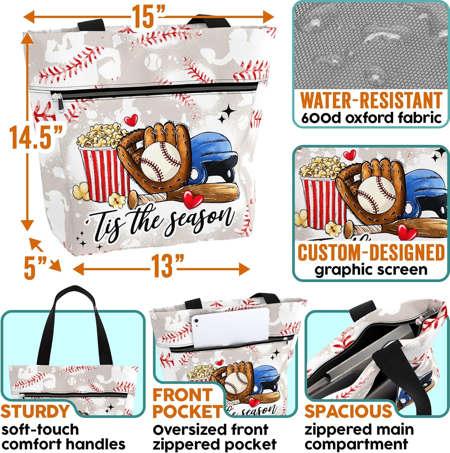 84hoods Waterproof Tote Bag with Pockets and Zipper for Work. Gift for Baseball Players and Lovers. Shoulder Bag for Women. - Image 4