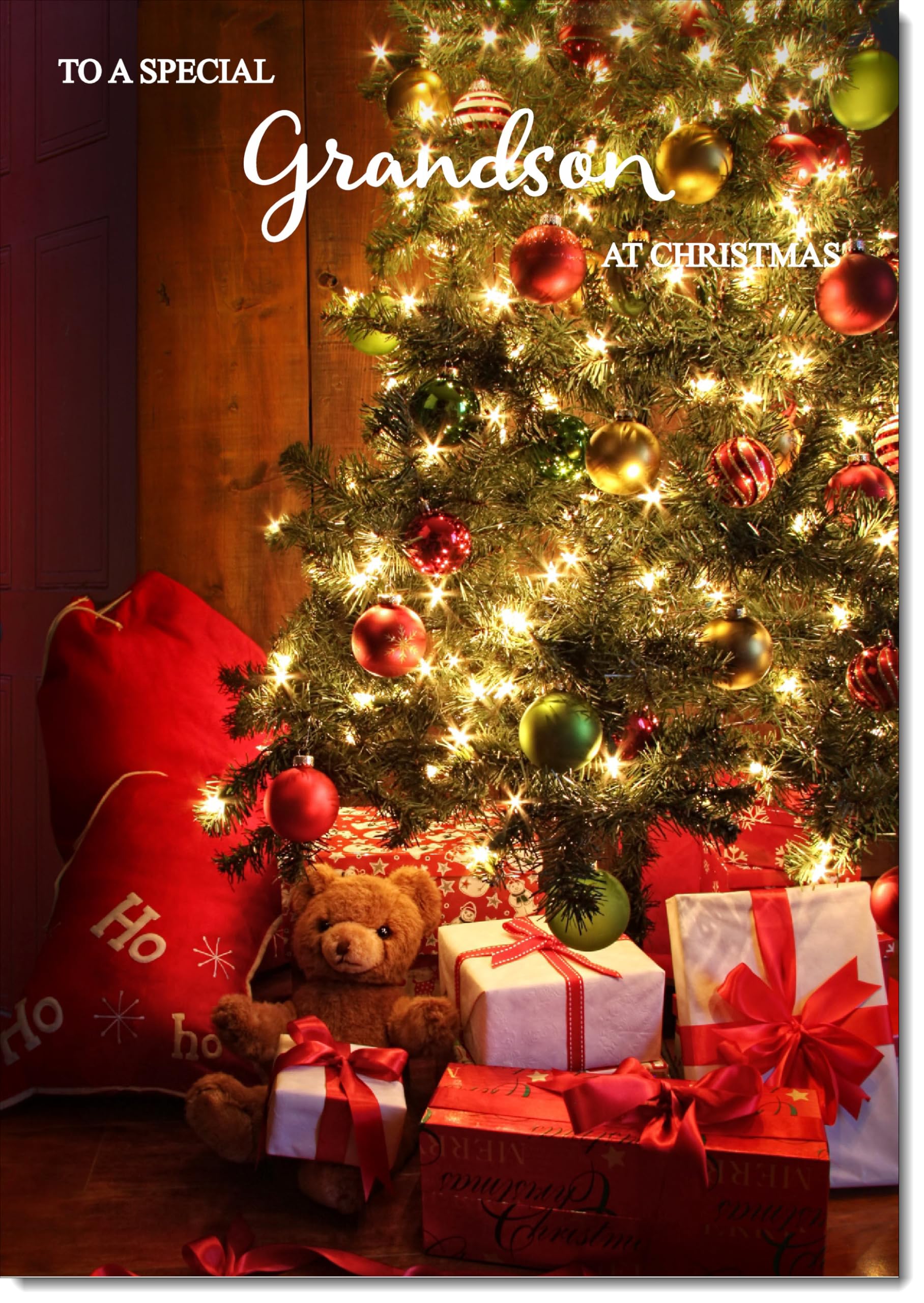 doodlecards Grandson Christmas Card Teddy by Christmas Tree Large A4 Size Christmas Card for Grandson with Plain Envelope — image 1