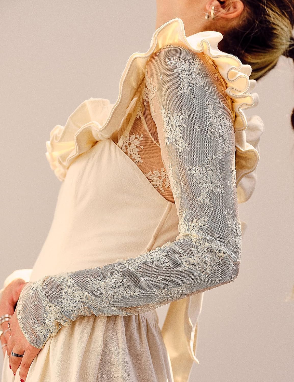 Ugerlov Women's Long Sleeve Mesh Top Mock Neck Sheer Blouse See Through Floral Lace Tops - Image 3