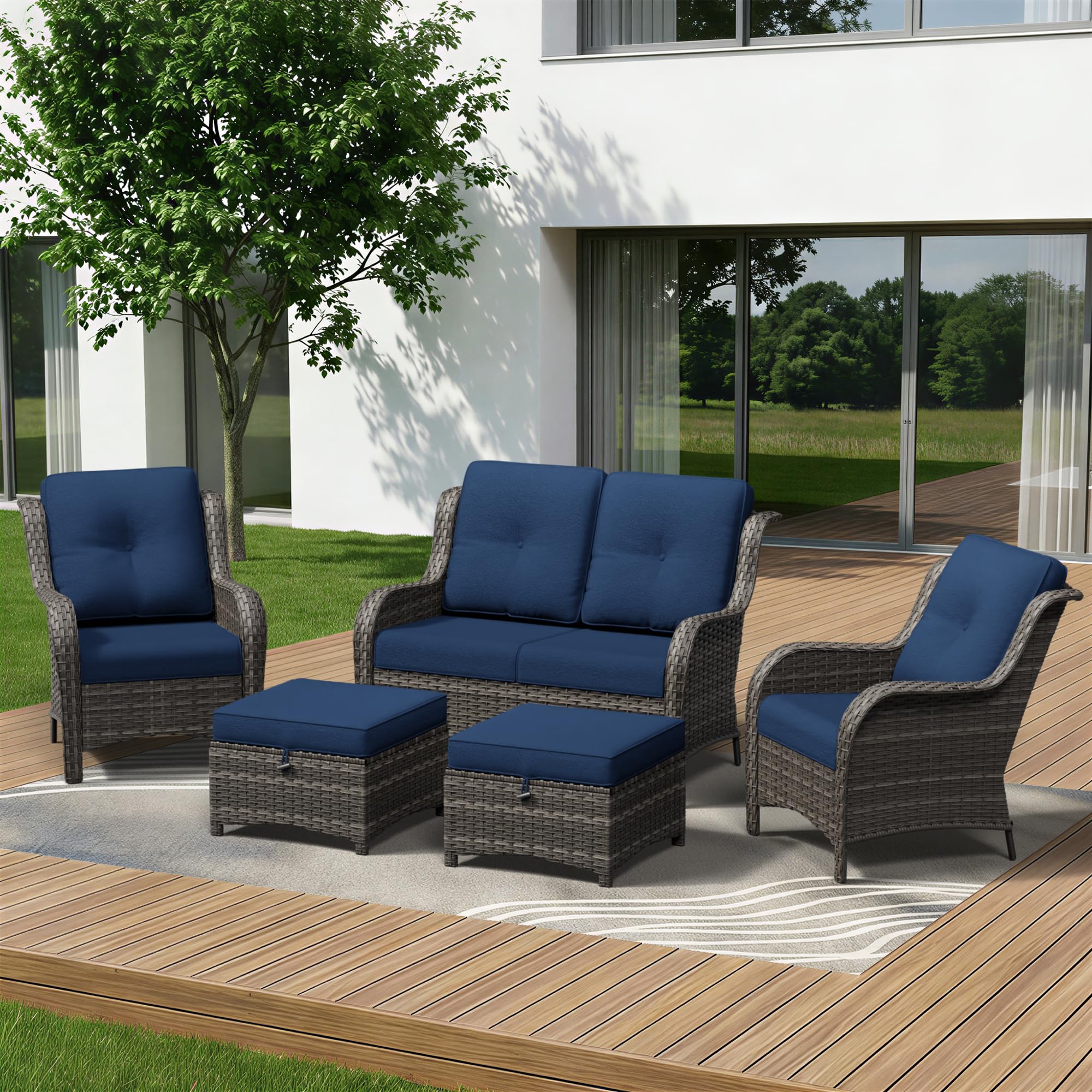 5 Piece Outdoor Wicker Patio Furniture Set, Patio Chairs Set with Thickened Olefin Cushions, High Back and Deep Seating, Hand-Woven PE Rattan, Ottoman for Porch, Deck