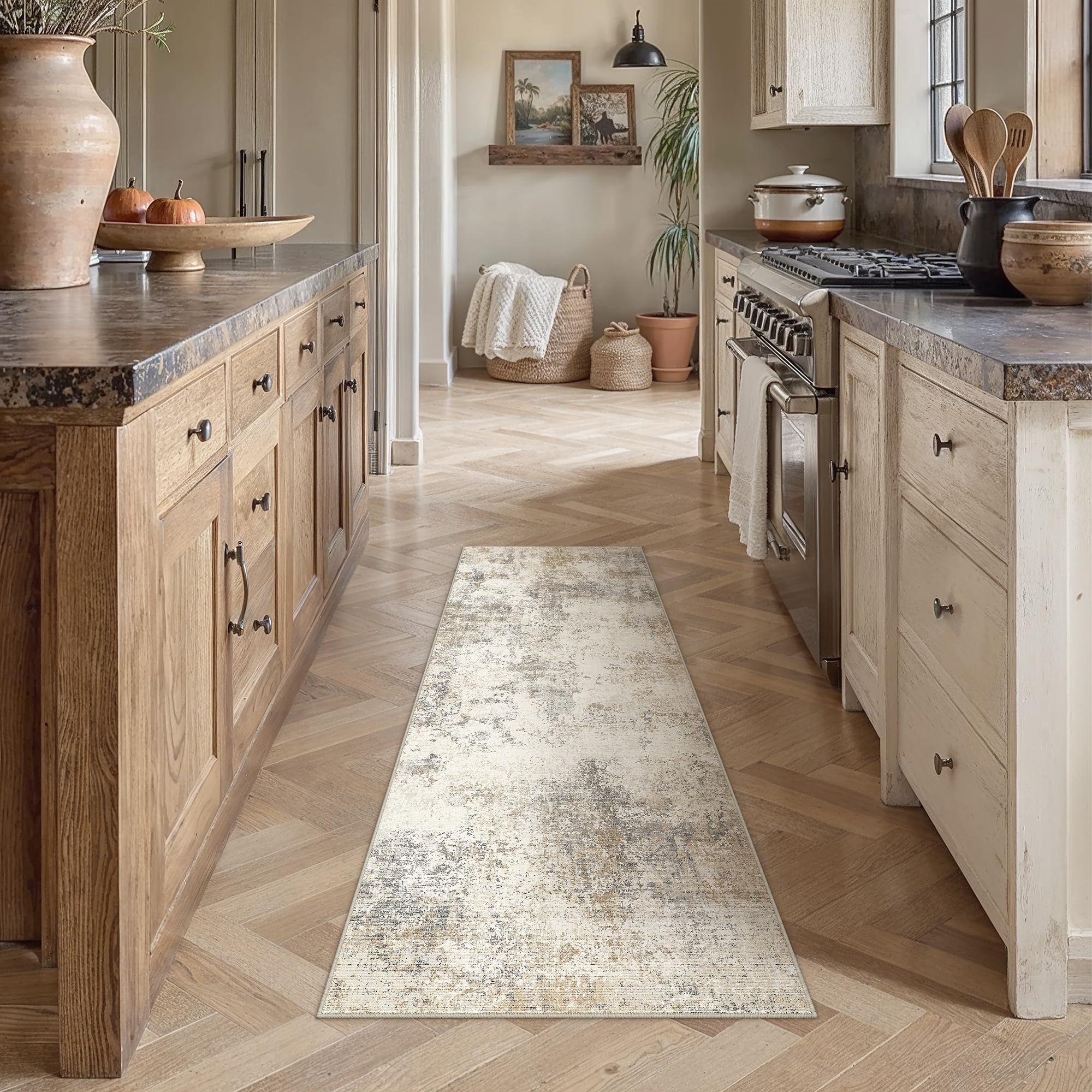 PureCozy Runner Rugs for Hallway, Beige Brown Abstract Washable Kitchen Entryway Low Pile Soft Vintage Area Rugs for Bedroom Living Room Office, Non Slip Floor Accent Carpet for Home Office, 60x180cm — image 1