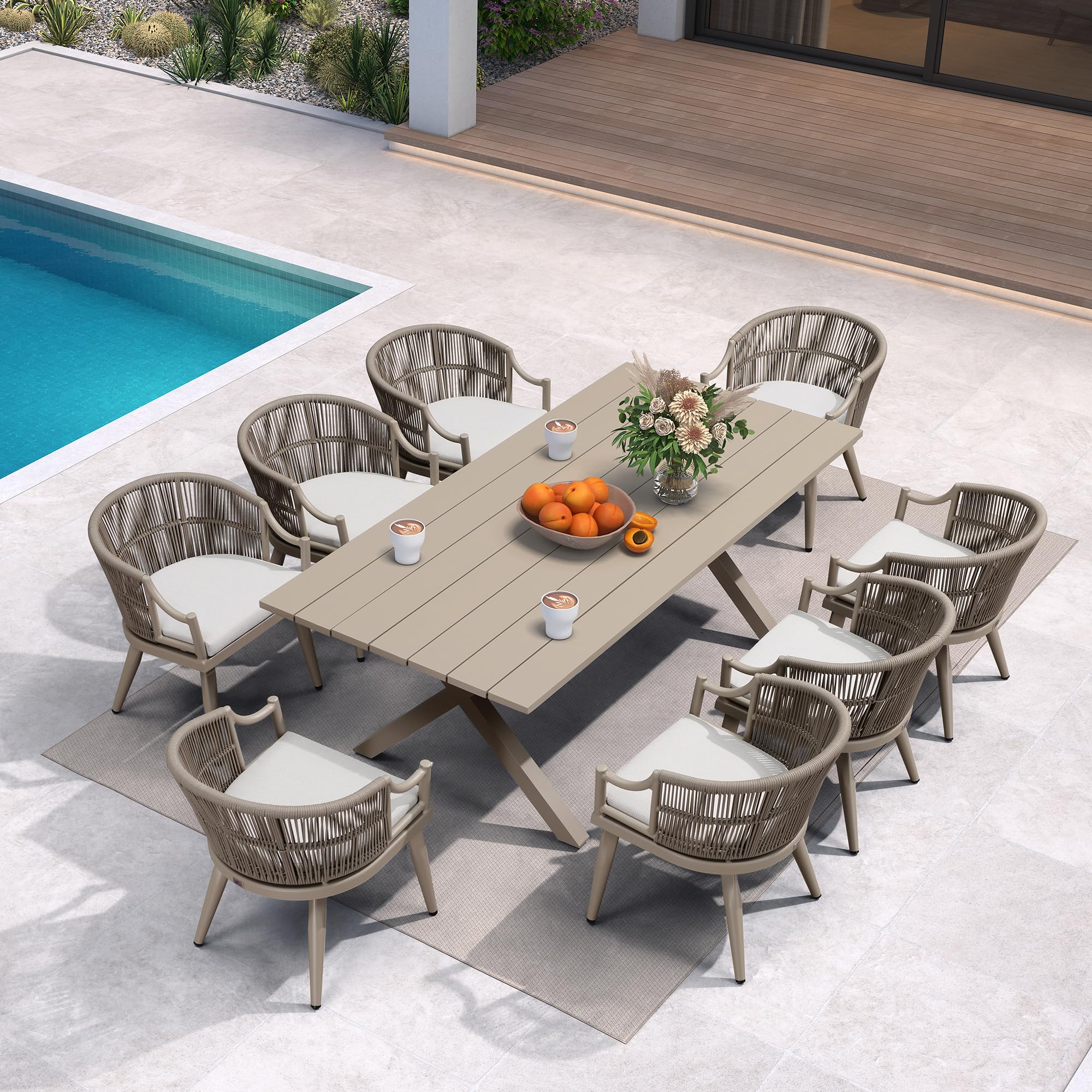 PURPLE LEAF 9 Pieces Outdoor Dining Set All Weather Wicker Patio Dining Set with Rectangular Aluminum Table and Modern Armrest Dining Chairs for